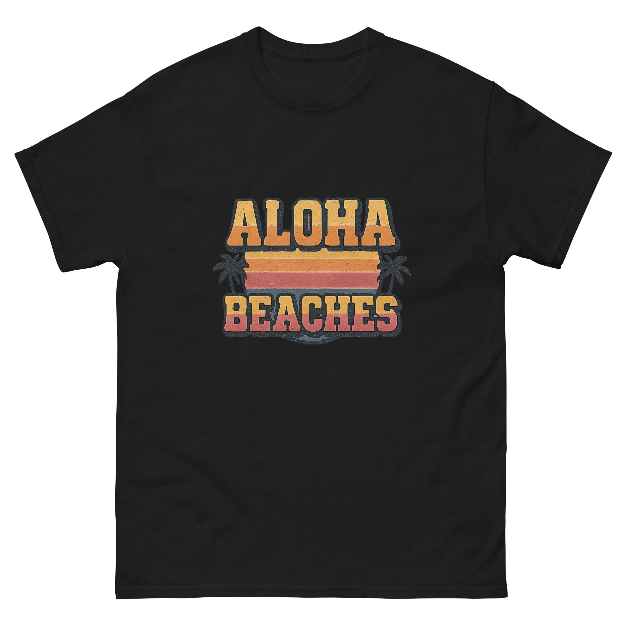 Aloha Beaches Hawaiian t-shirt design on a Black unisex tee