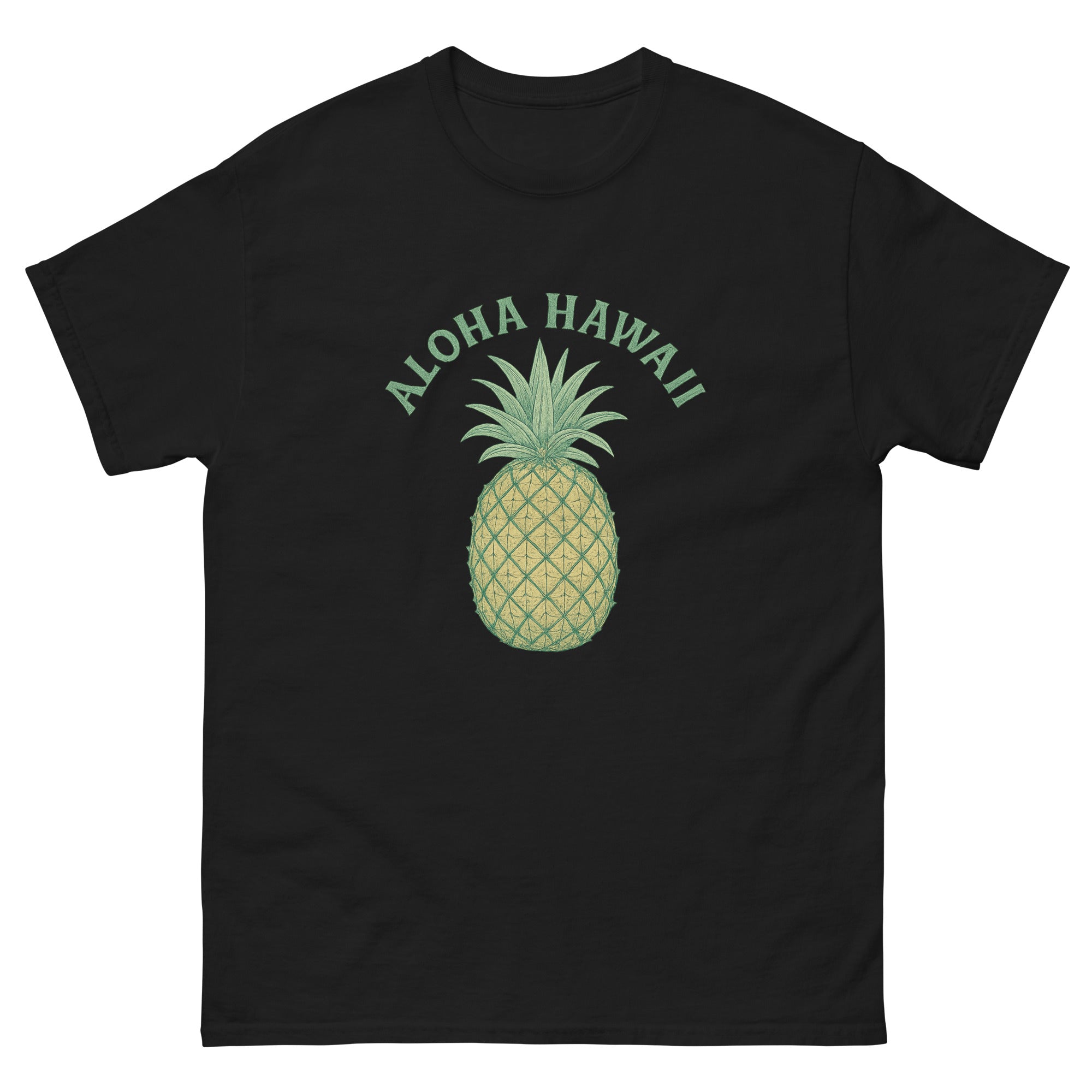 Pineapple Hawaiian t-shirt design on a Black unisex tee