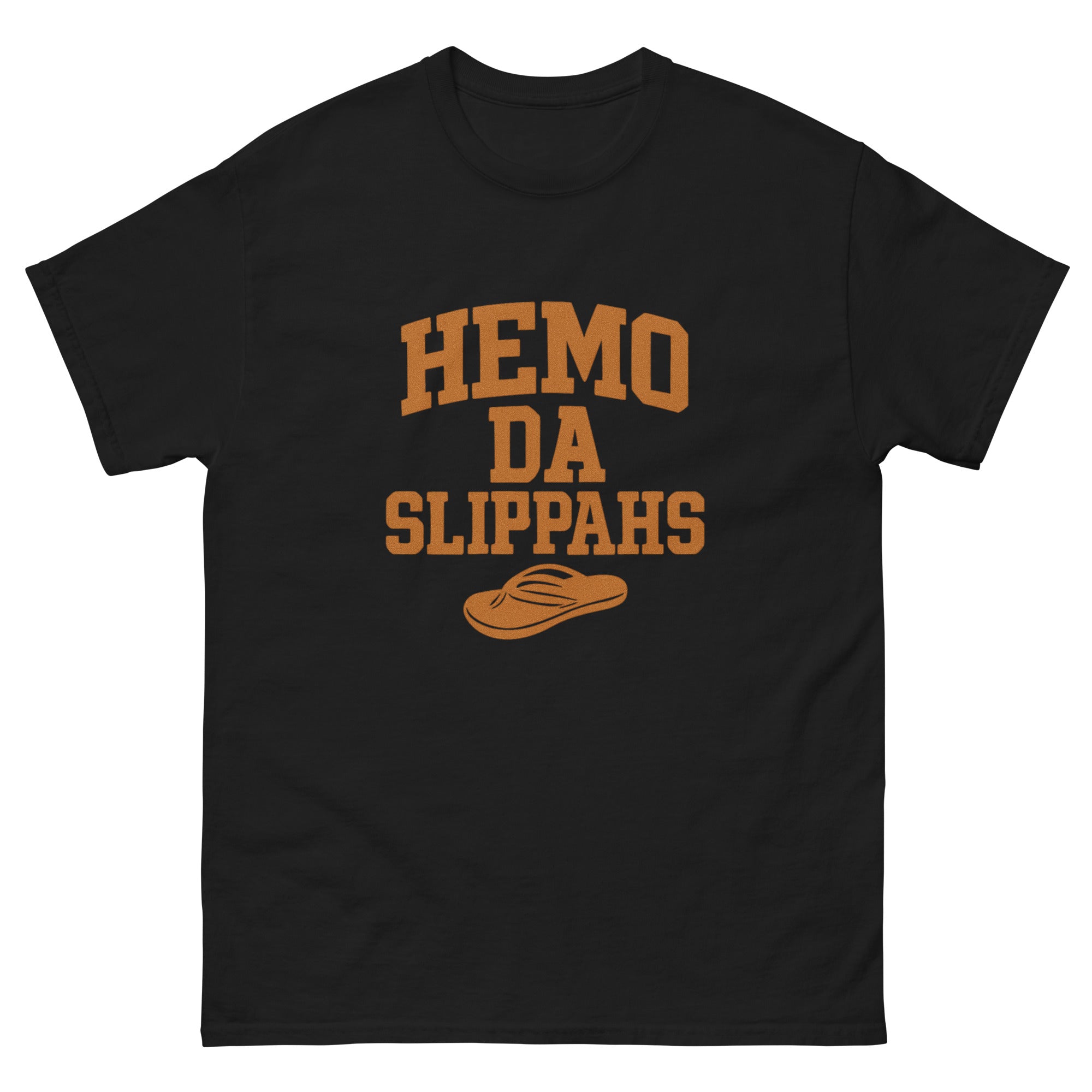 Hemo Da Slippahs Hawaiian t-shirt design on a Black unisex tee