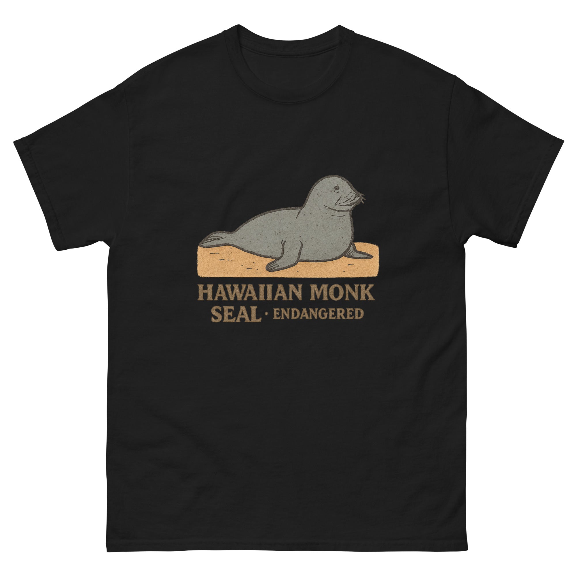 Monk Seal Hawaiian t-shirt design on a Black unisex tee