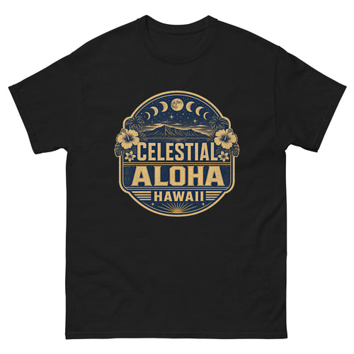Celestial Aloha Hawaiian t-shirt design on a unisex tee