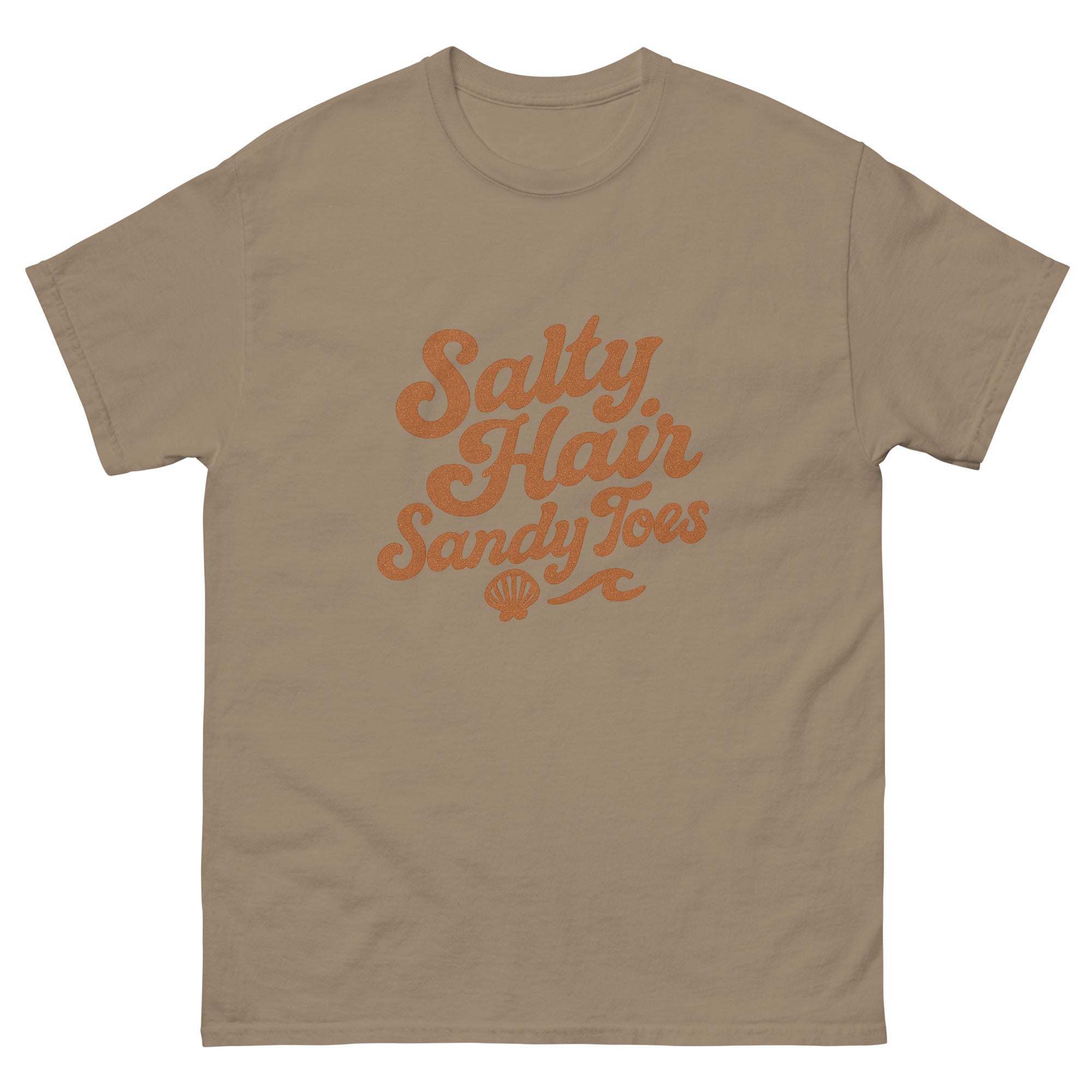 Salty Hair Sandy Toes Hawaiian t-shirt design on a Brown Savana unisex tee