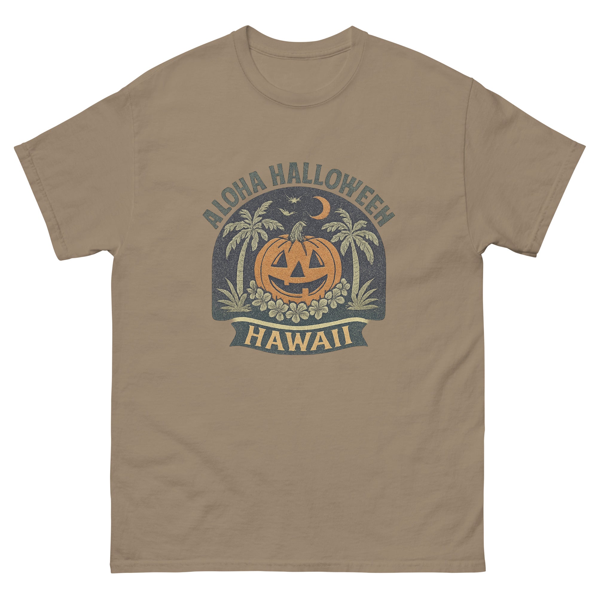 Aloha Halloween Hawaiian t-shirt design on a Brown Savana unisex tee