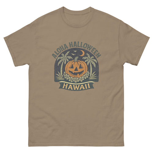 Aloha Halloween Hawaiian t-shirt design on a Brown Savana unisex tee