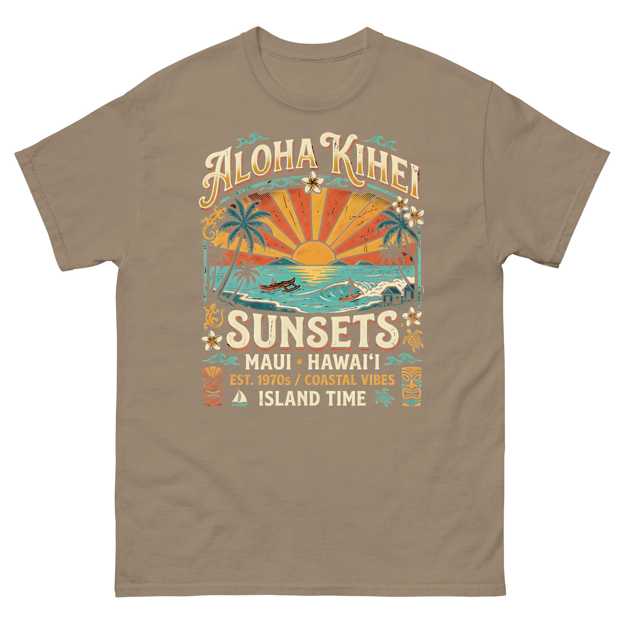 Aloha Kihei Sunsets Hawaiian t-shirt design on a Brown Savana unisex tee