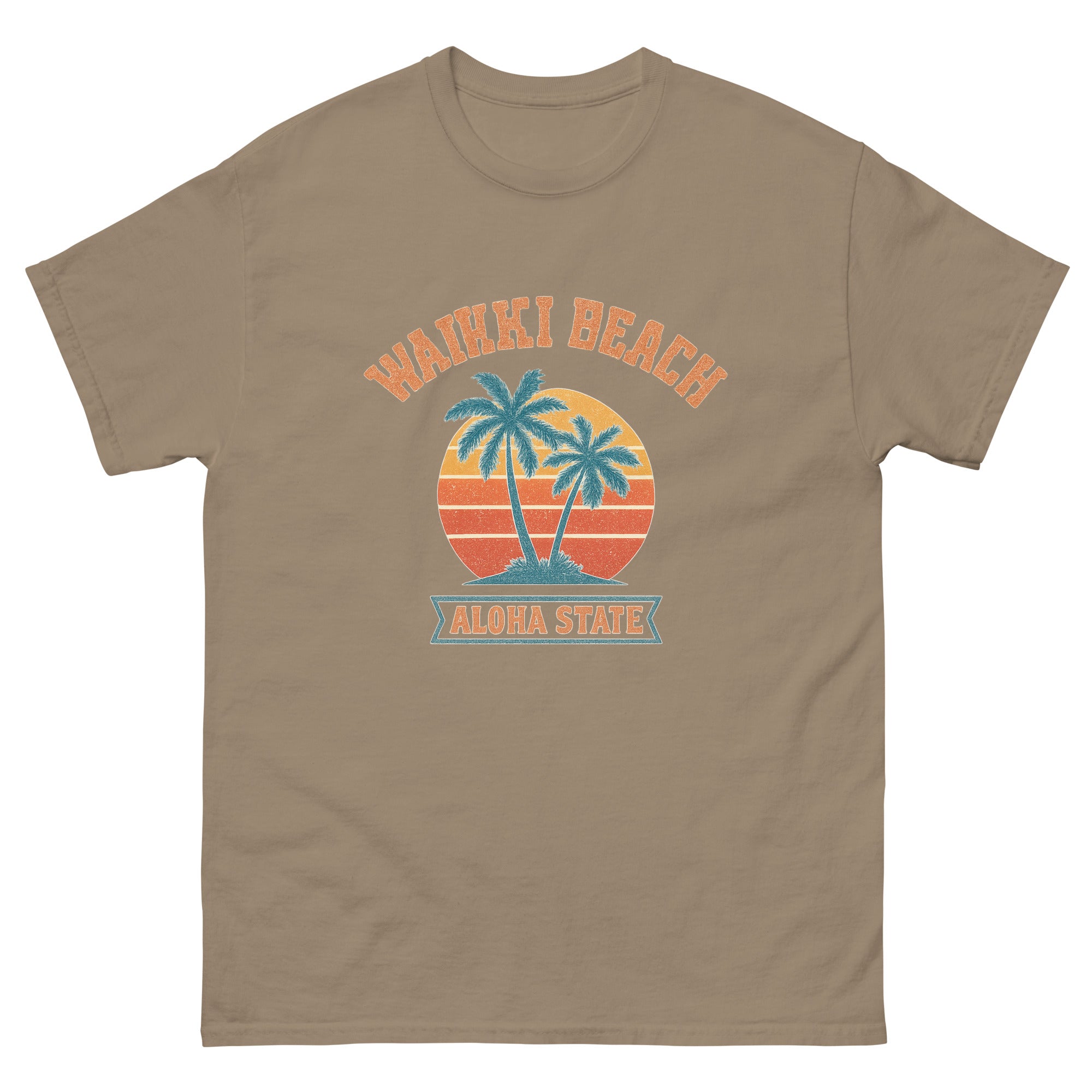Waikiki Sunset Hawaiian t-shirt design on a Brown Savana unisex tee
