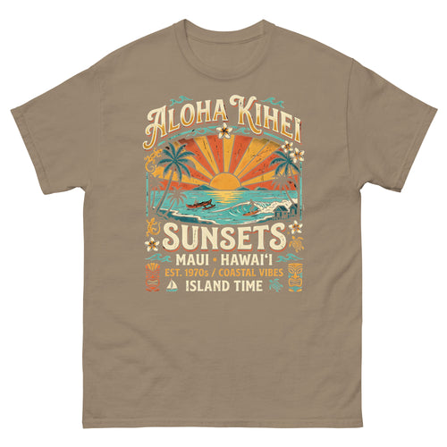 Aloha Kihei Sunsets Hawaiian t-shirt design on a Brown Savana unisex tee