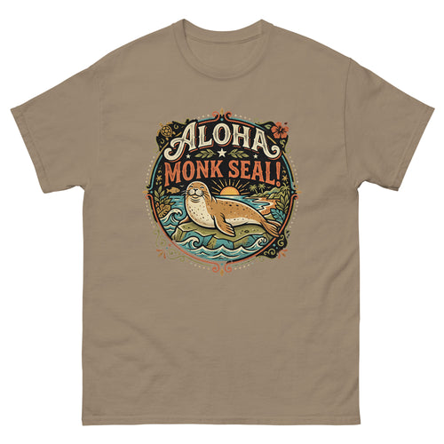 Aloha Monk Seal Hawaiian t-shirt design on a Brown Savana unisex tee