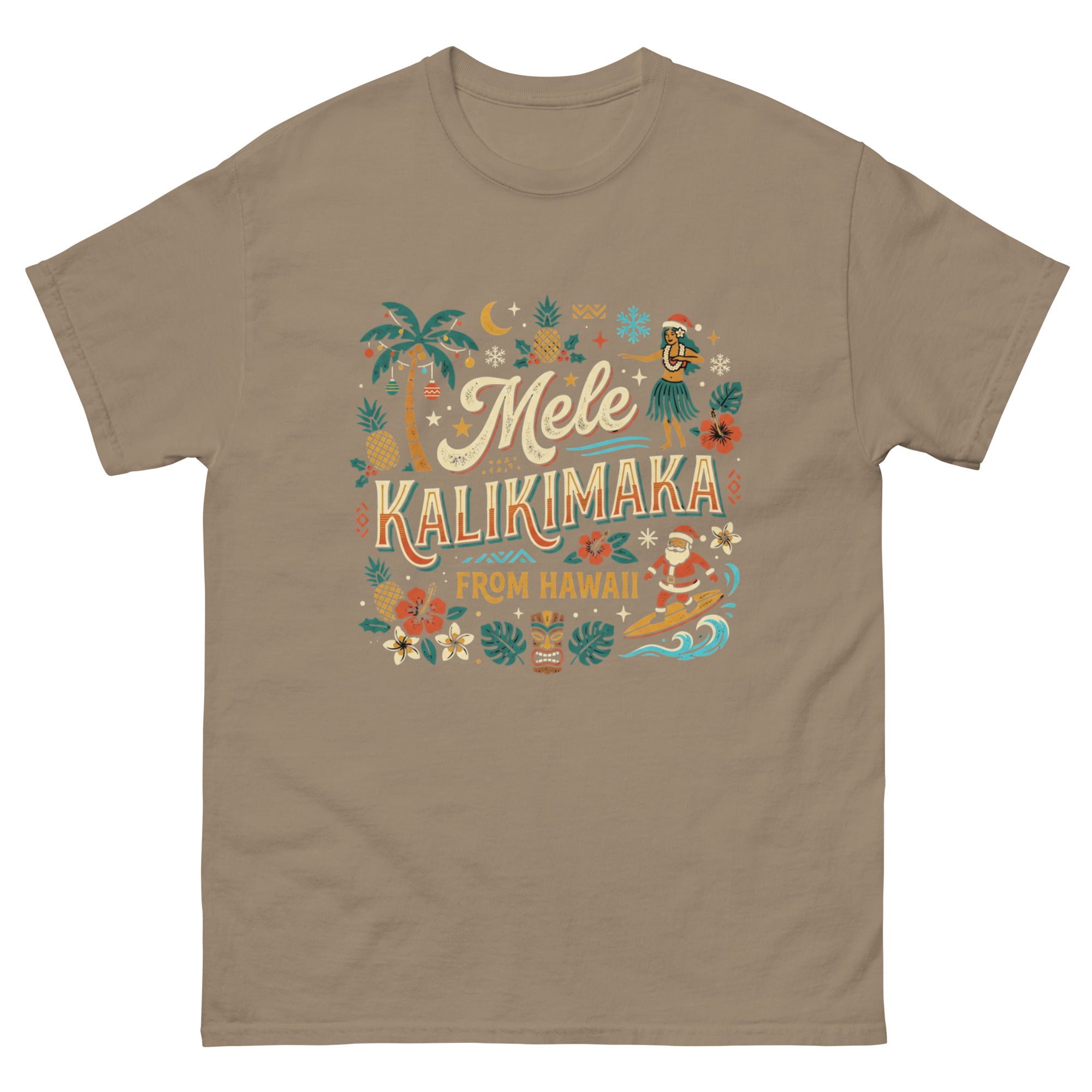Mele Kalikimaka from Hawaii Hawaiian t-shirt design on a Brown Savana unisex tee