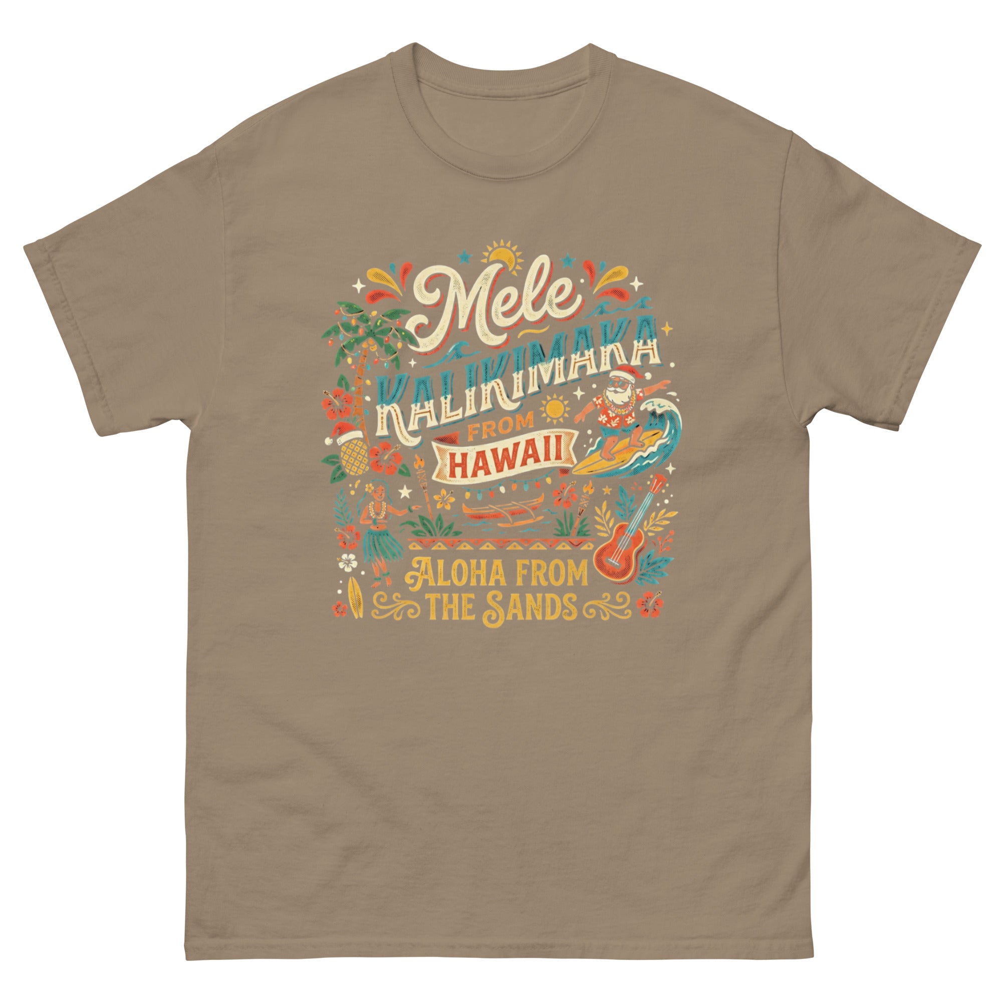 Mele Kalikimaka Aloha from the Sands Hawaiian t-shirt design on a Brown Savana unisex tee