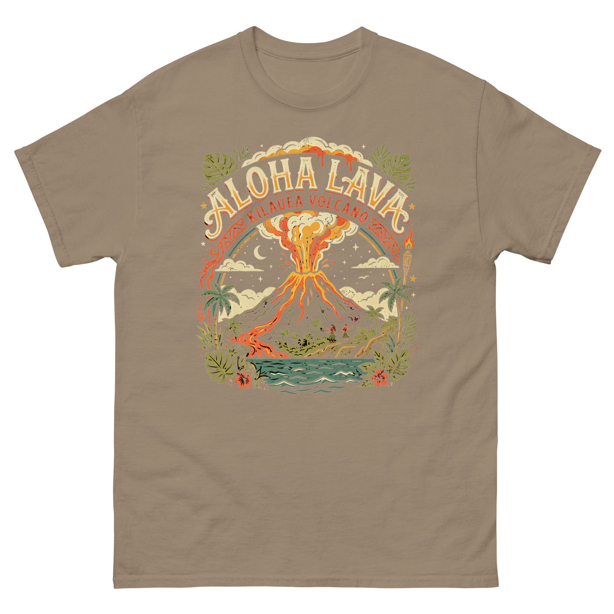 Aloha Kilauea Hawaiian t-shirt design on a Brown Savana unisex tee
