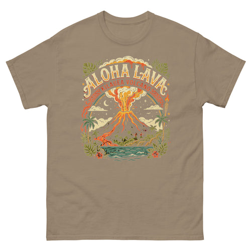 Aloha Lava Kilauea Volcano v2 Hawaiian t-shirt design on a Brown Savana unisex tee