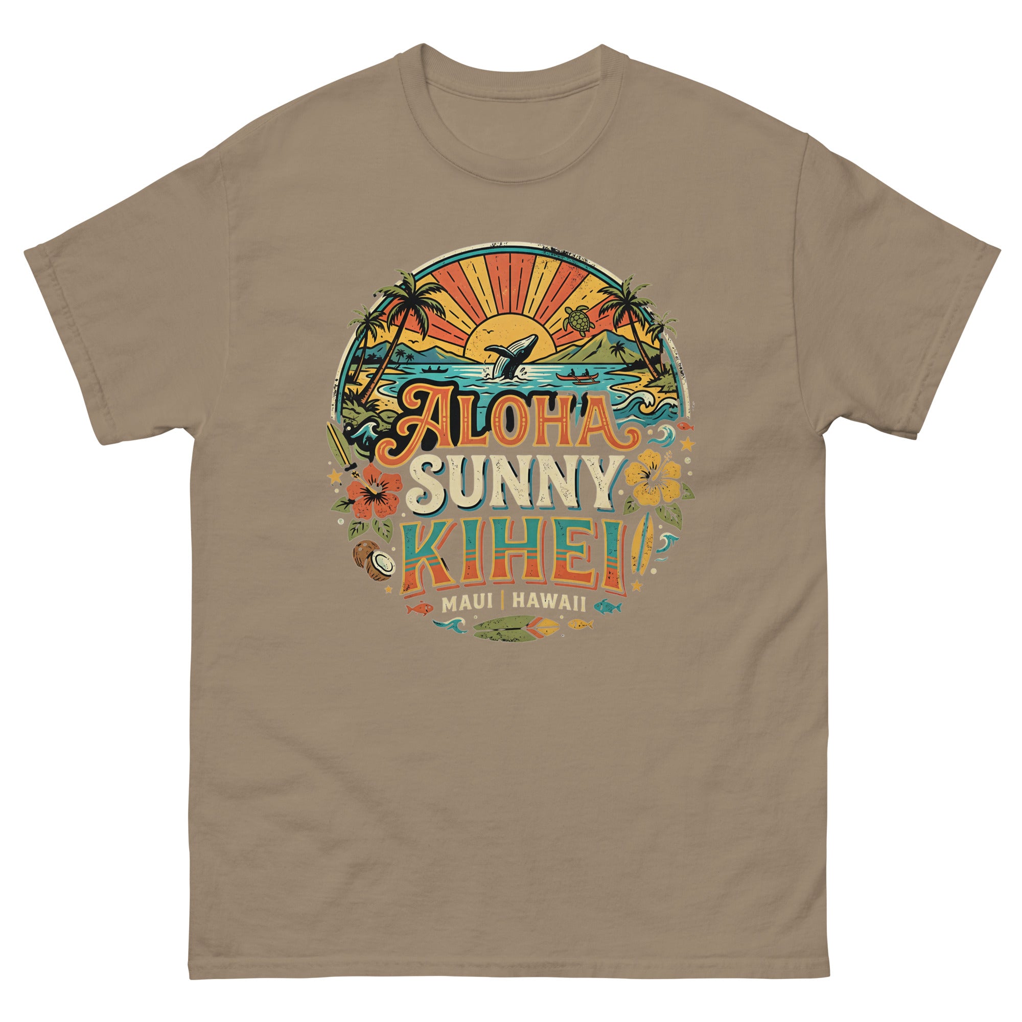 Aloha Sunny Kihei Maui Hawaiian t-shirt design on a Brown Savana unisex tee