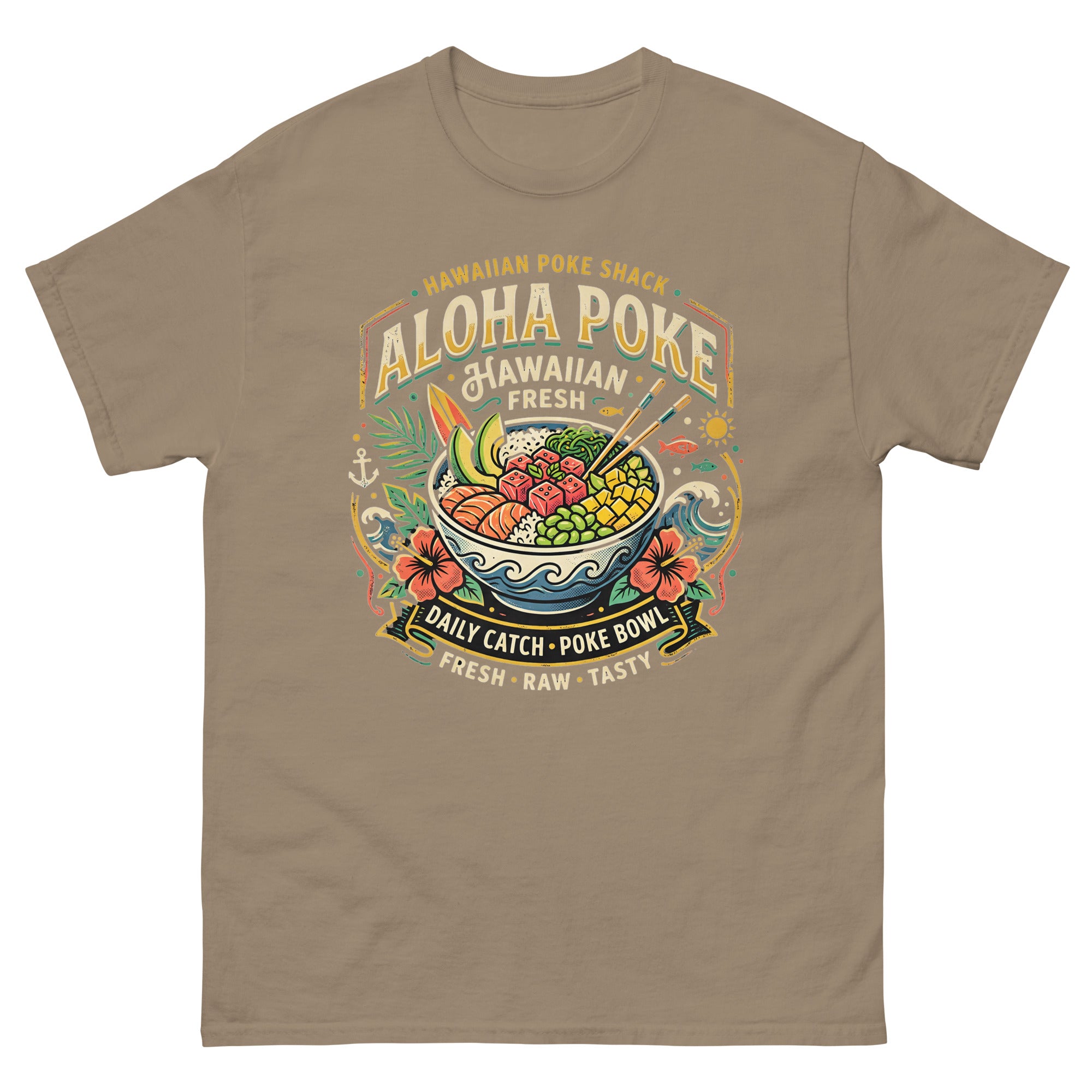 Aloha Poke Hawaiian Poke Shack Hawaiian t-shirt design on a Brown Savana unisex tee