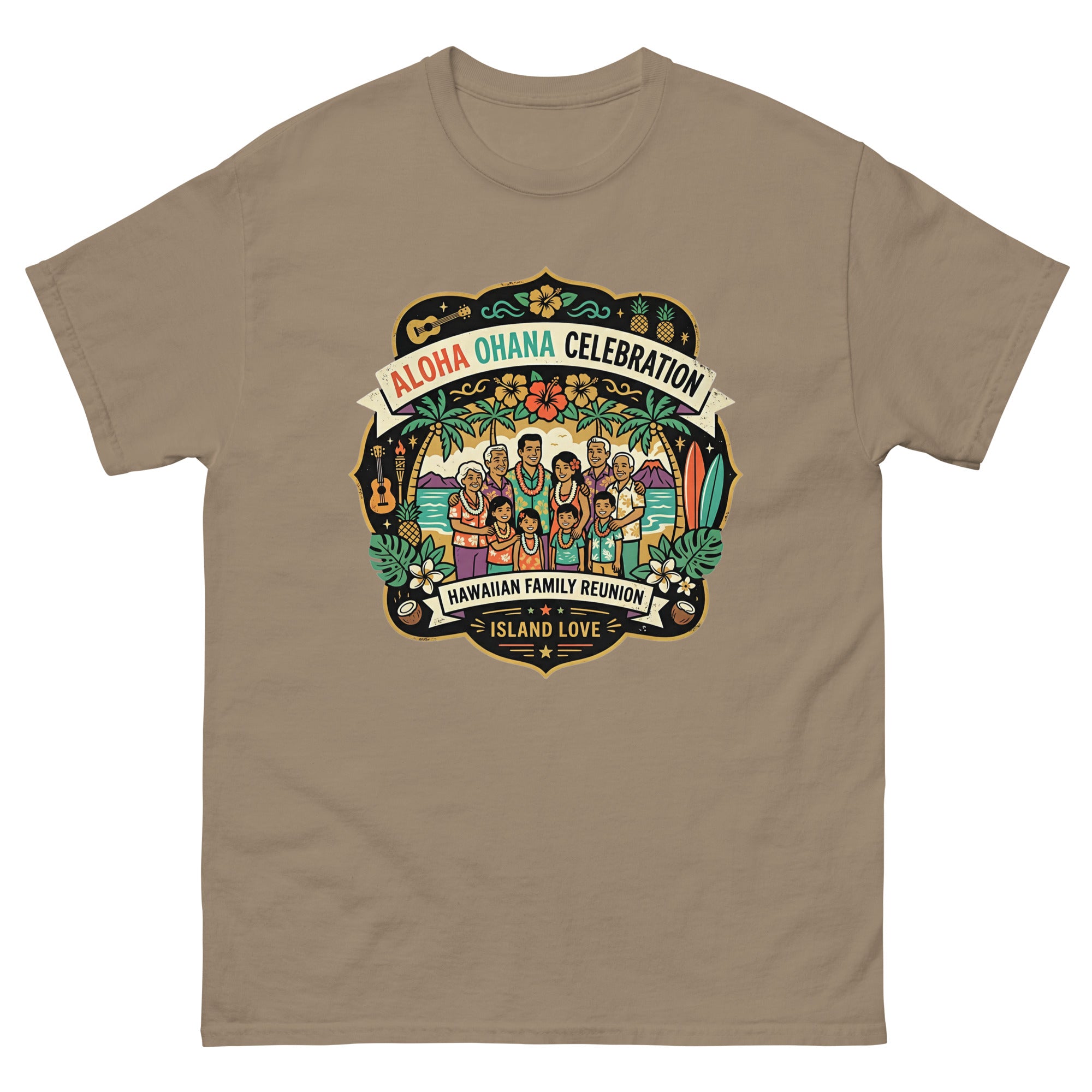 Ohana Family Reunion Gathering Hawaiian t-shirt design on a Brown Savana unisex tee