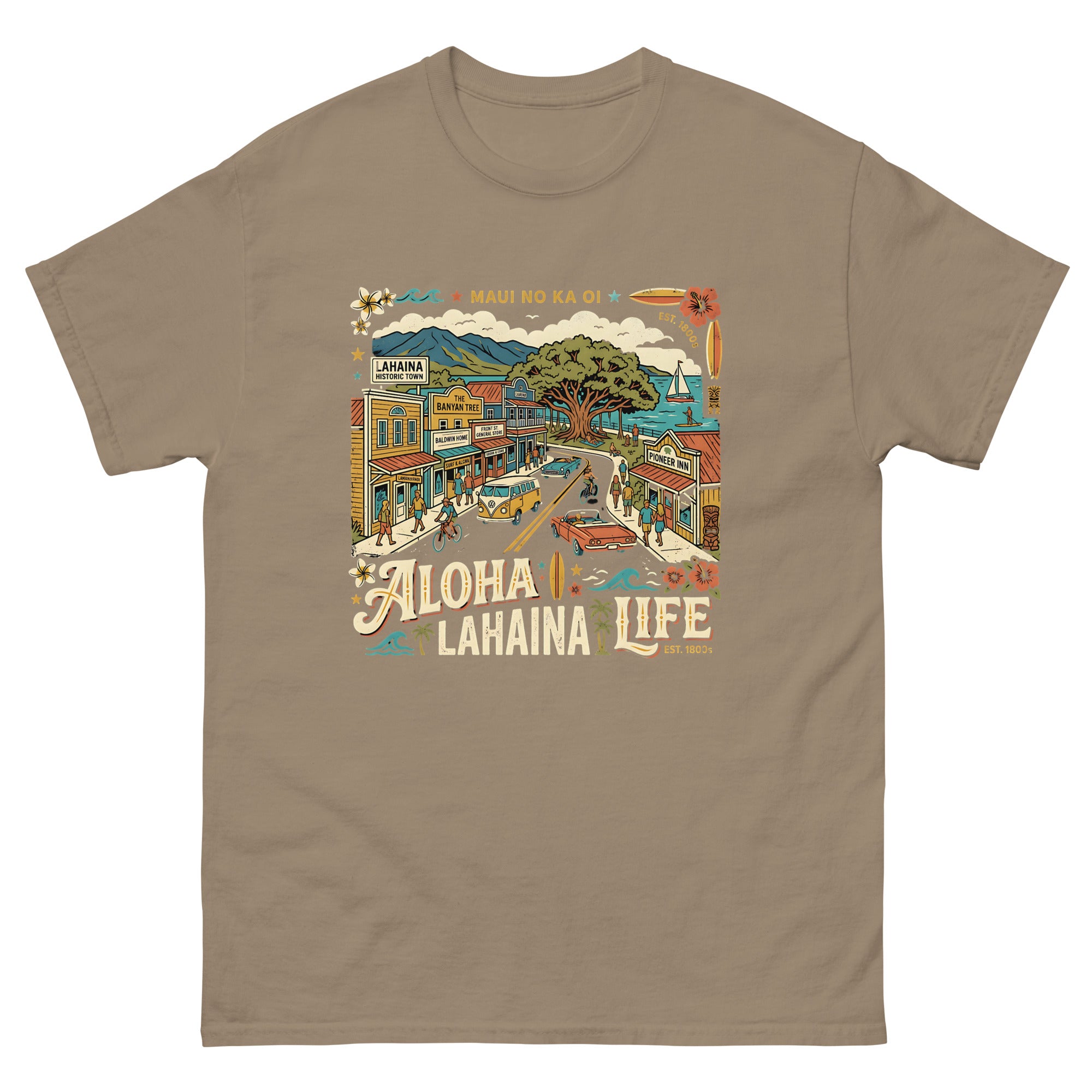 Aloha Lahaina Life Maui No Ka Oi Hawaiian t-shirt design on a Brown Savana unisex tee