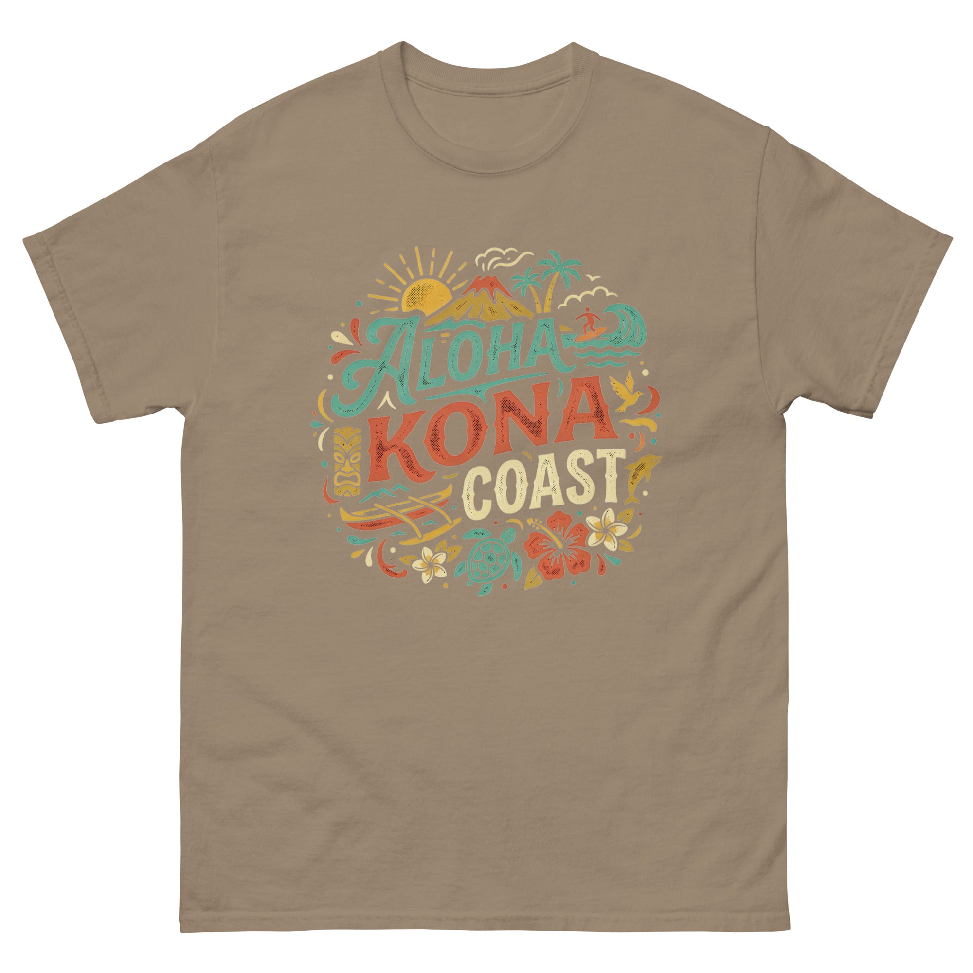 Aloha Kona Coast Hawaiian t-shirt design on a Brown Savana unisex tee