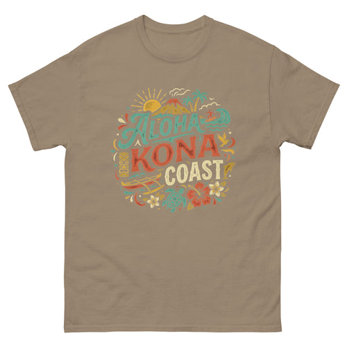 Aloha Kona Coast Hawaiian t-shirt design on a Brown Savana unisex tee