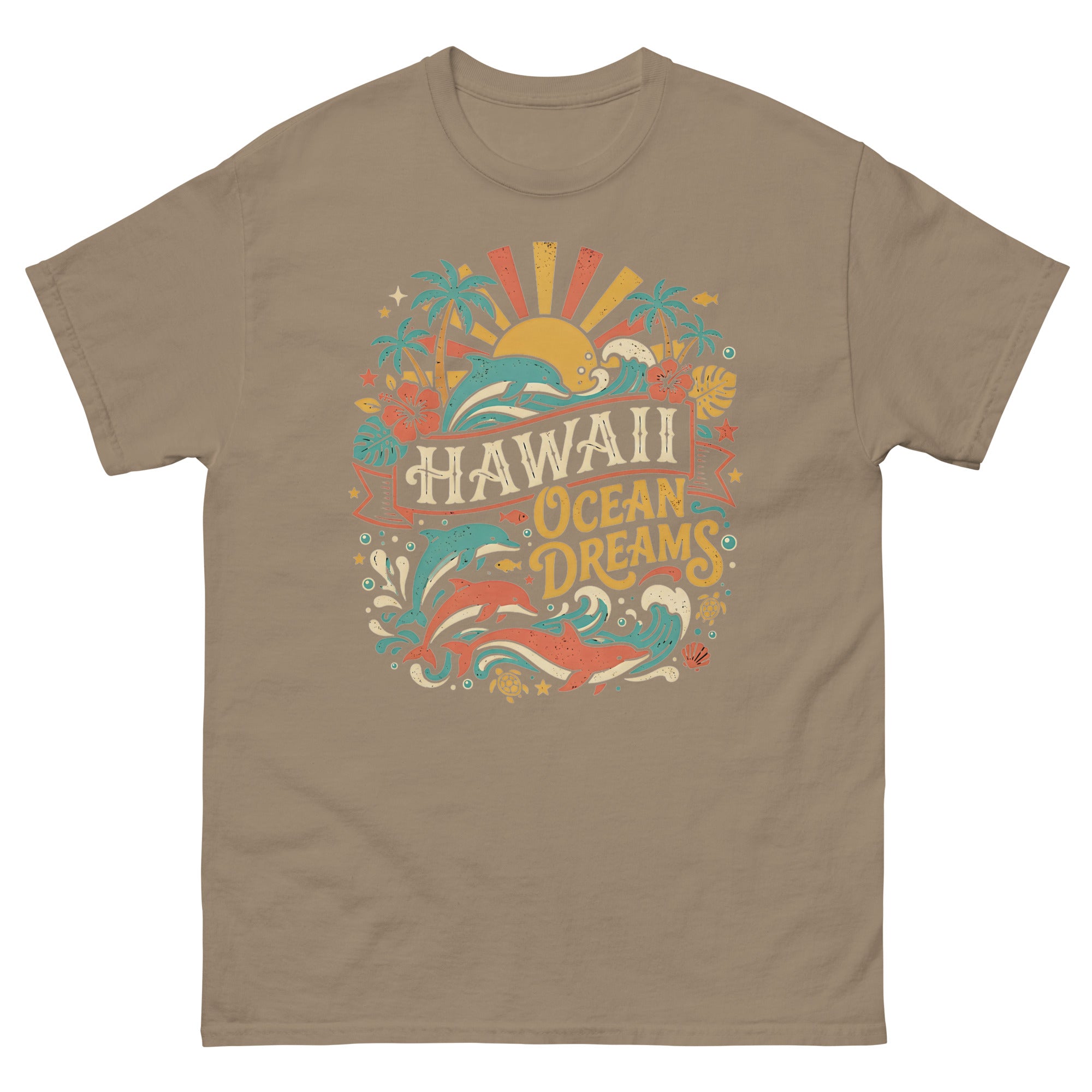 Aloha State Dolphins v3 Hawaiian t-shirt design on a Brown Savana unisex tee