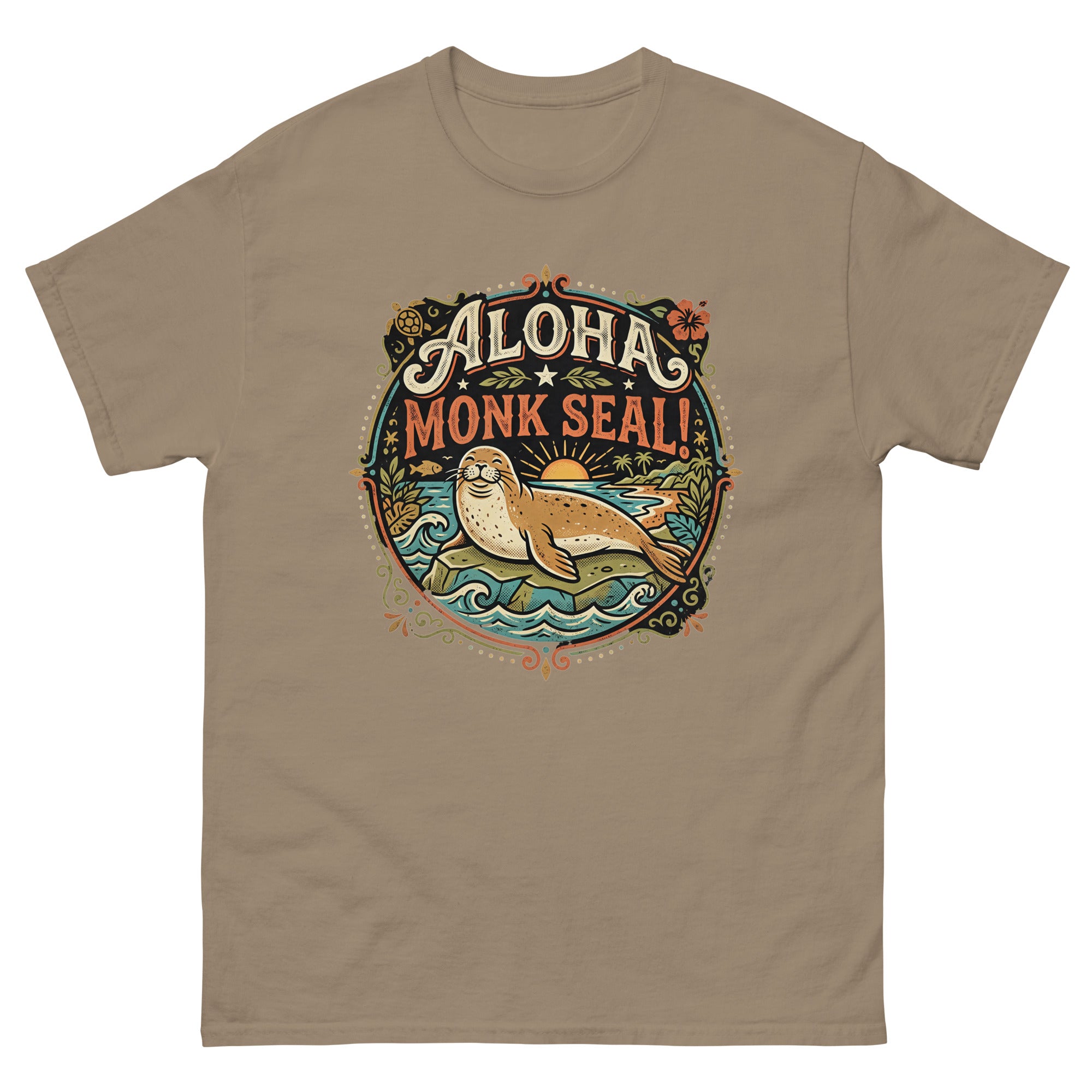 Aloha Monk Seal Emblem Hawaiian t-shirt design on a Brown Savana unisex tee