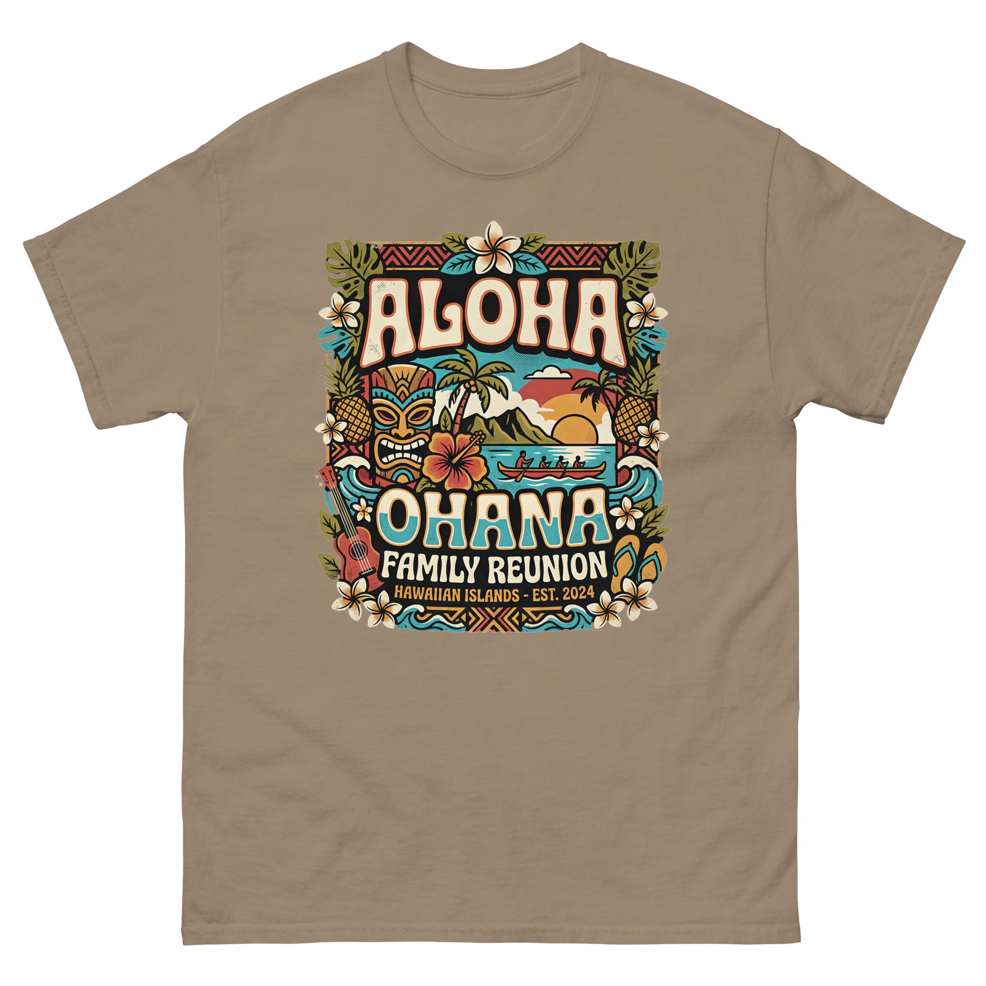 Ohana Family Reunion Gathering v4 Hawaiian t-shirt design on a Brown Savana unisex tee
