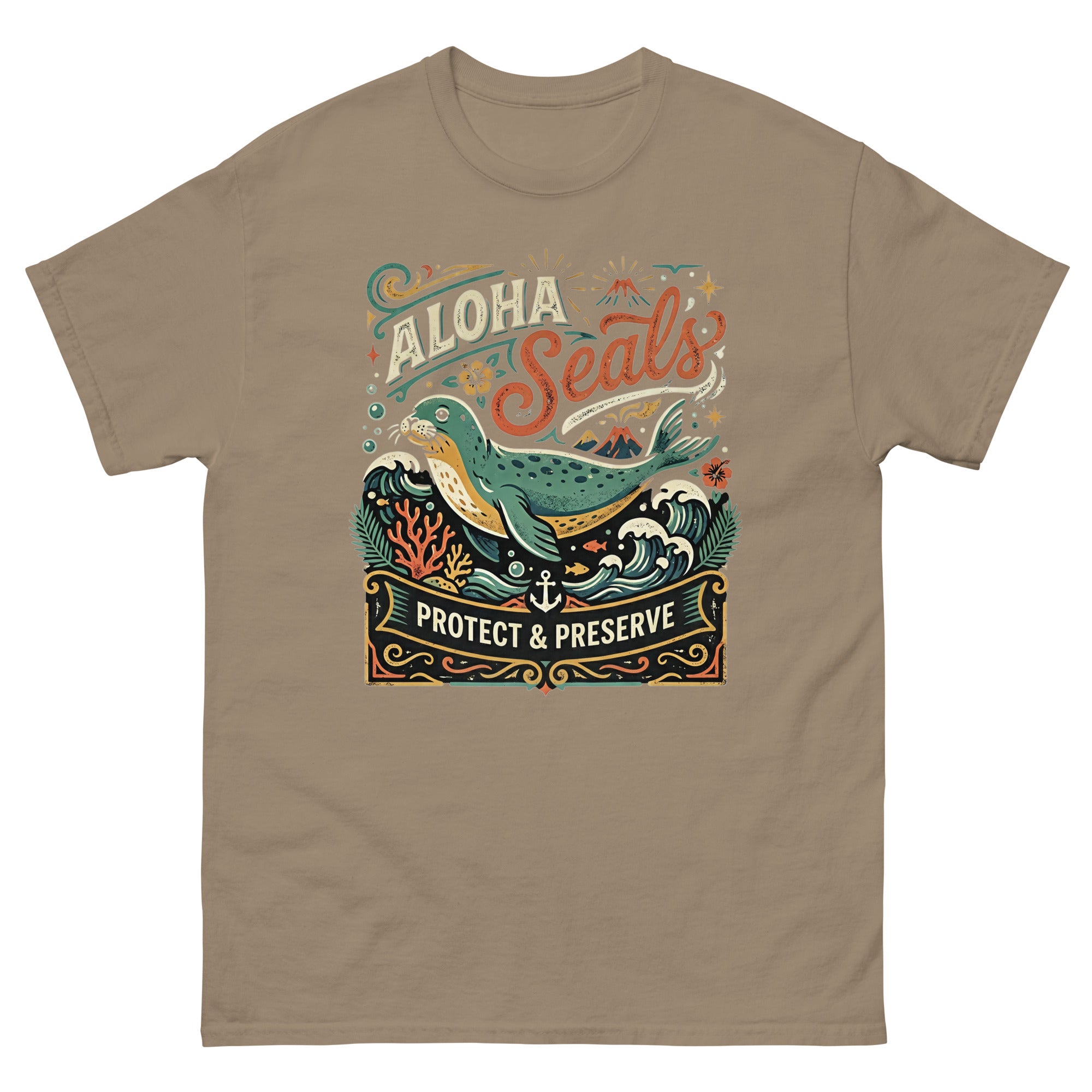 Aloha Seals Protect and Preserve Hawaiian t-shirt design on a Brown Savana unisex tee