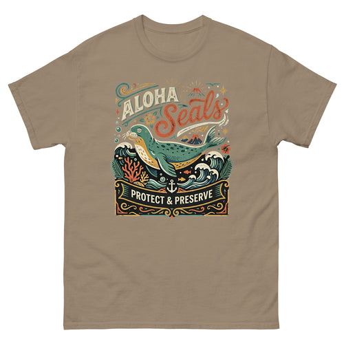 Aloha Seals Protect and Preserve Hawaiian t-shirt design on a Brown Savana unisex tee