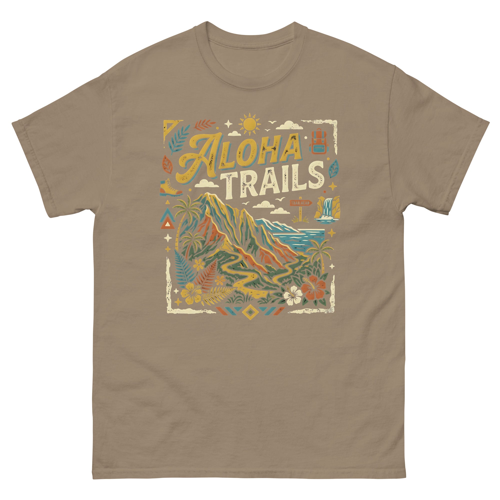 Aloha Trails v1 Hawaiian t-shirt design on a Brown Savana unisex tee