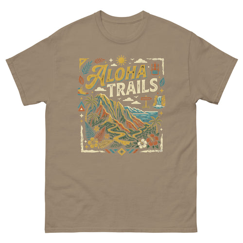 Aloha Trails v1 Hawaiian t-shirt design on a Brown Savana unisex tee
