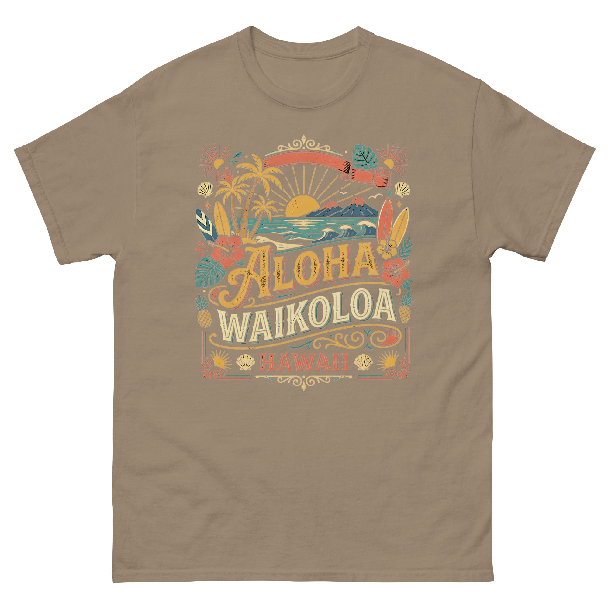 Aloha Waikoloa Hawaii Hawaiian t-shirt design on a Brown Savana unisex tee