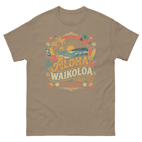 Aloha Waikoloa Hawaii Hawaiian t-shirt design on a Brown Savana unisex tee