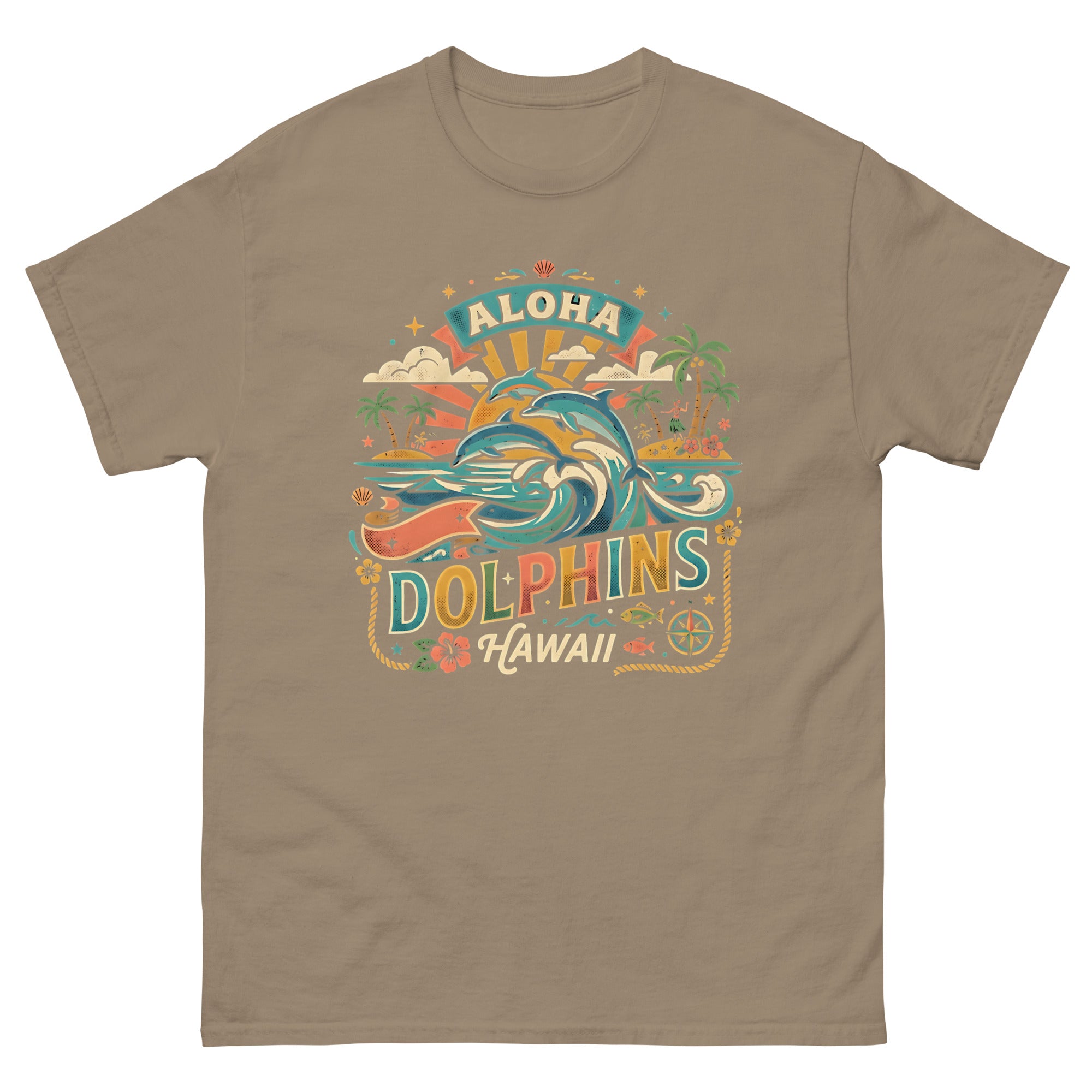 Aloha State Dolphins v4 Hawaiian t-shirt design on a Brown Savana unisex tee