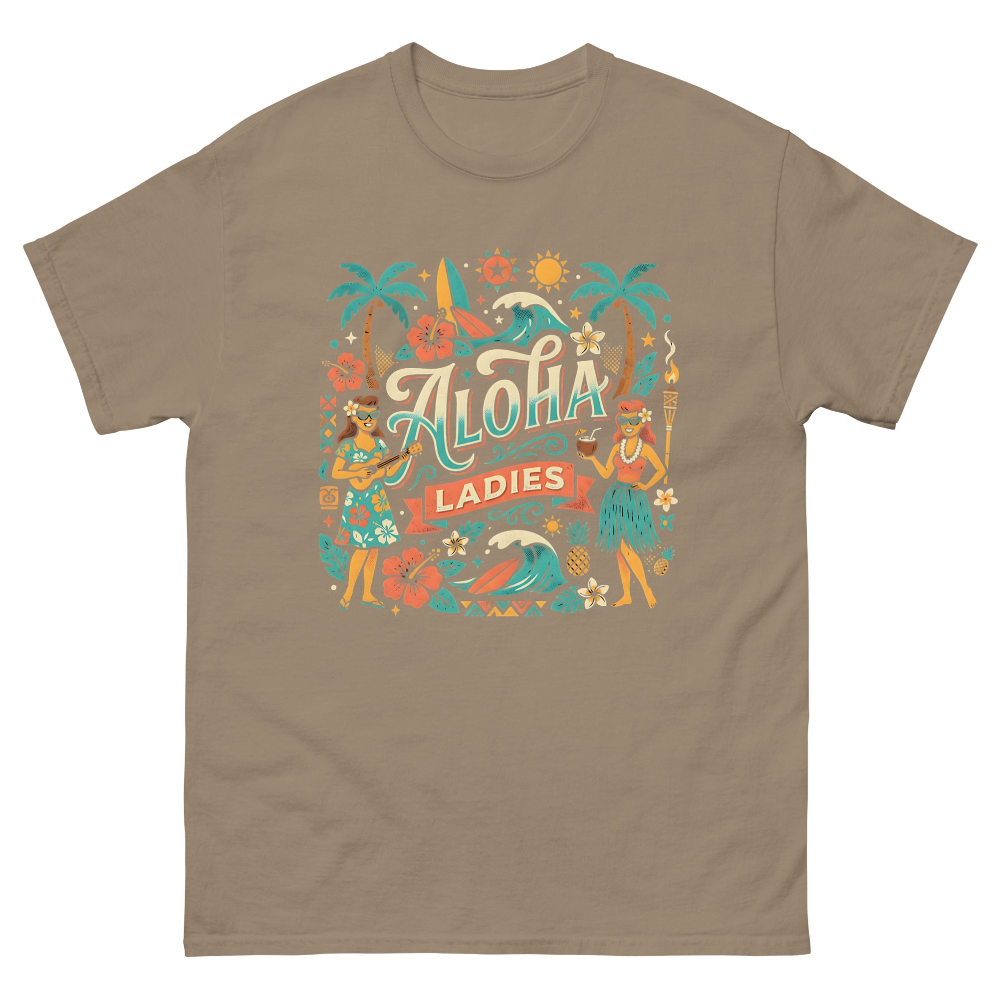 Aloha Sisters v3 Hawaiian t-shirt design on a Brown Savana unisex tee