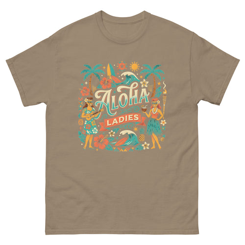 Aloha Sisters v3 Hawaiian t-shirt design on a Brown Savana unisex tee
