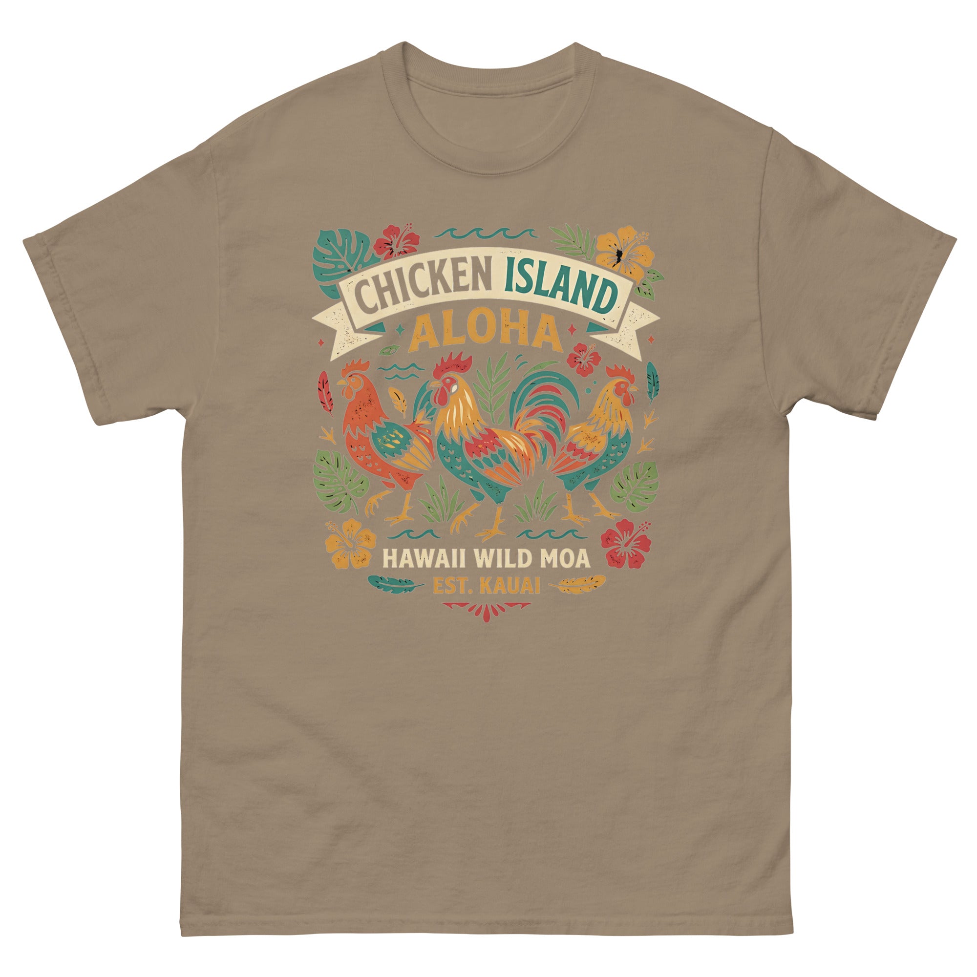 Chicken Island Aloha Kauai v1 Hawaiian t-shirt design on a Brown Savana unisex tee