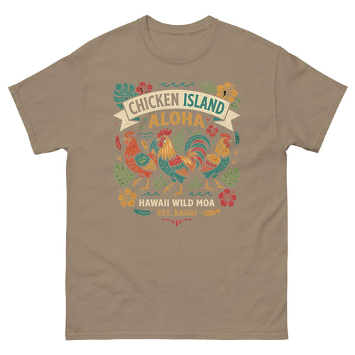 Chicken Island Aloha Kauai v1 Hawaiian t-shirt design on a Brown Savana unisex tee