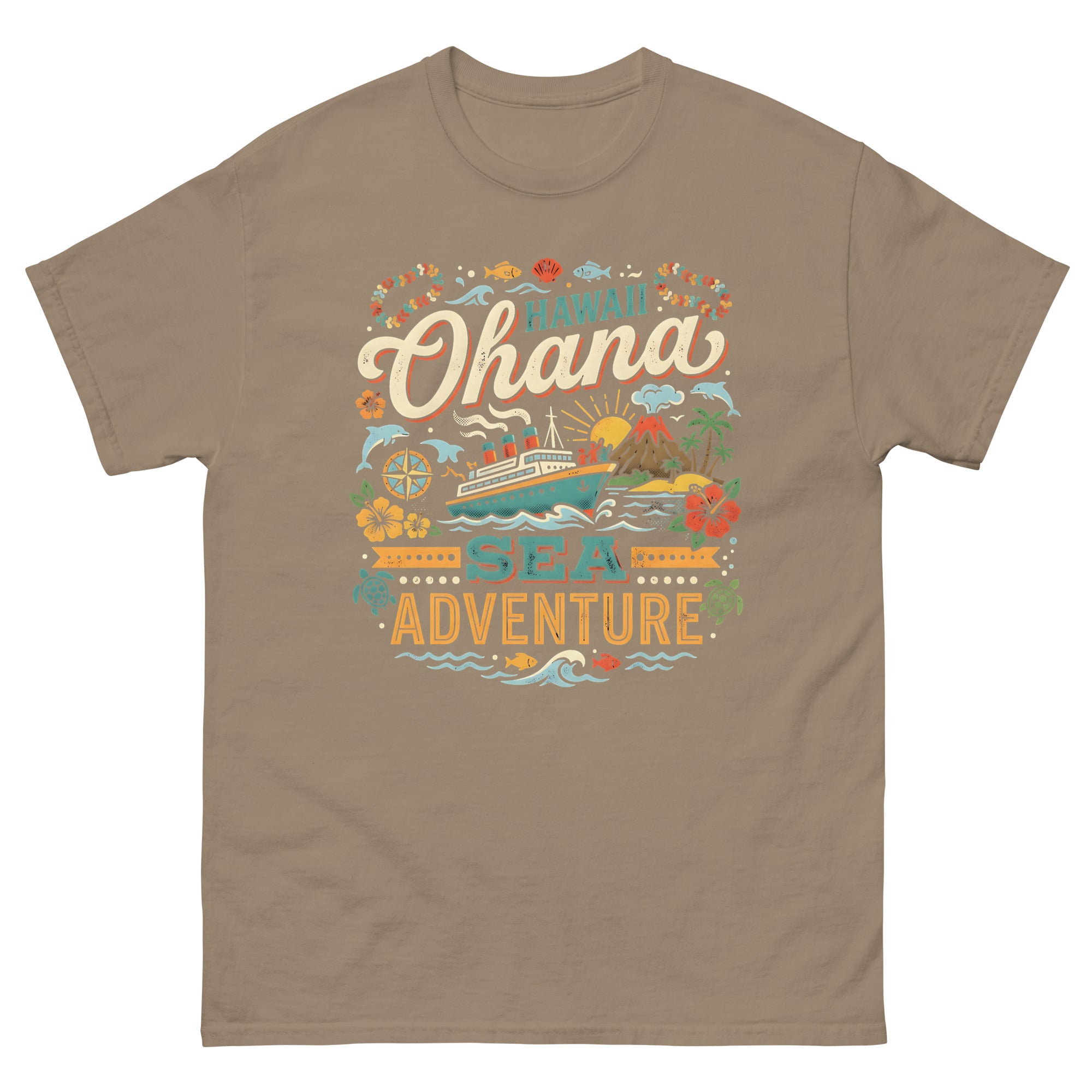 Hawaii Ohana Sea Adventure v1 Hawaiian t-shirt design on a Brown Savana unisex tee