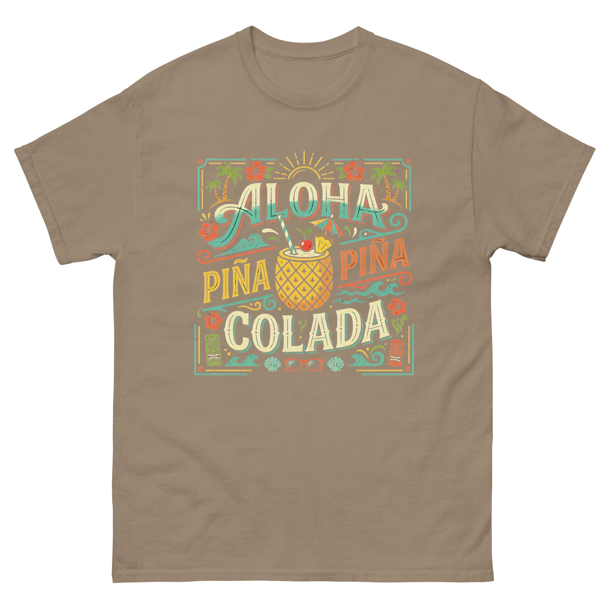 Hawaii Pina Coladas Aloha in a Glass v3 Hawaiian t-shirt design on a Brown Savana unisex tee