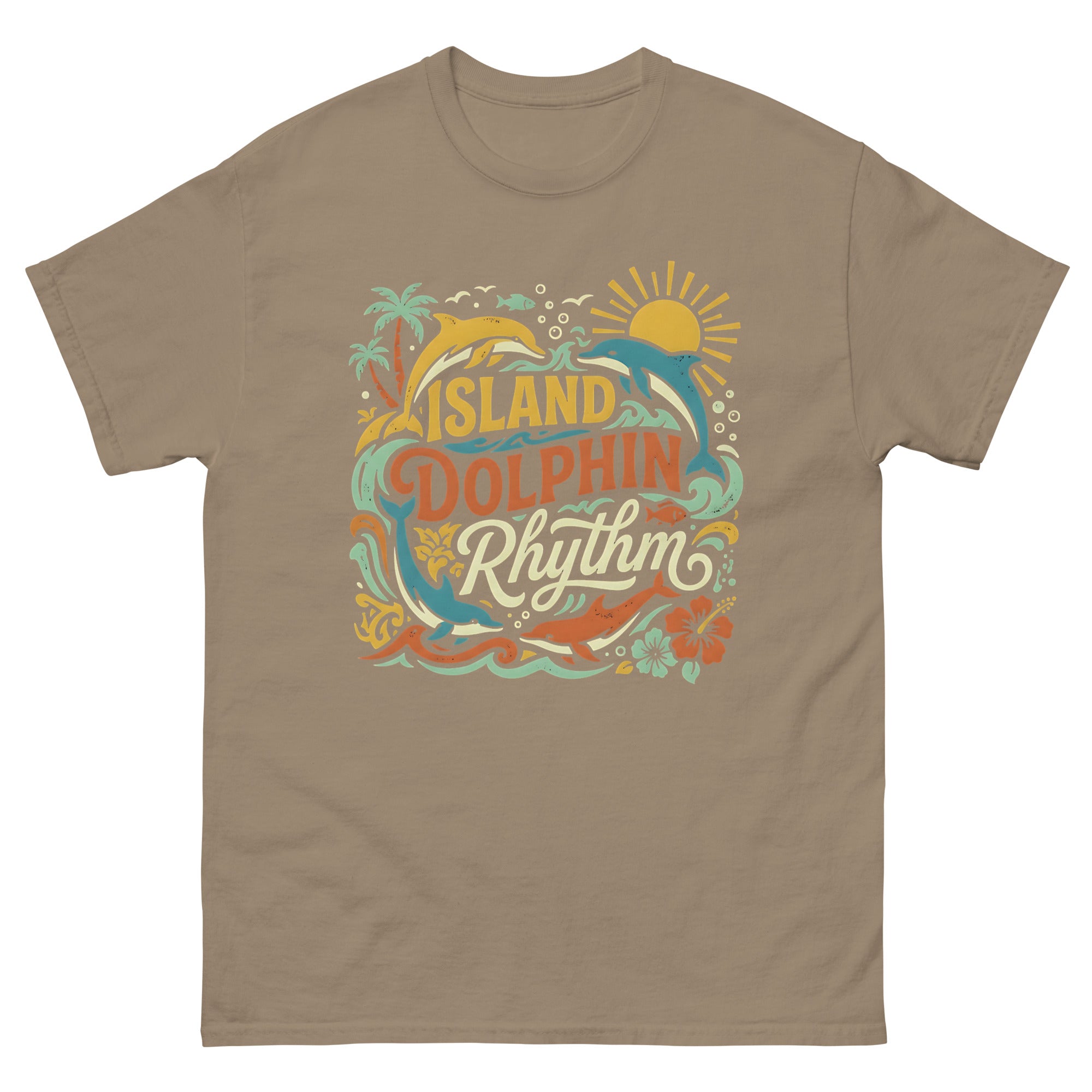 Aloha State Dolphins v2 Hawaiian t-shirt design on a Brown Savana unisex tee