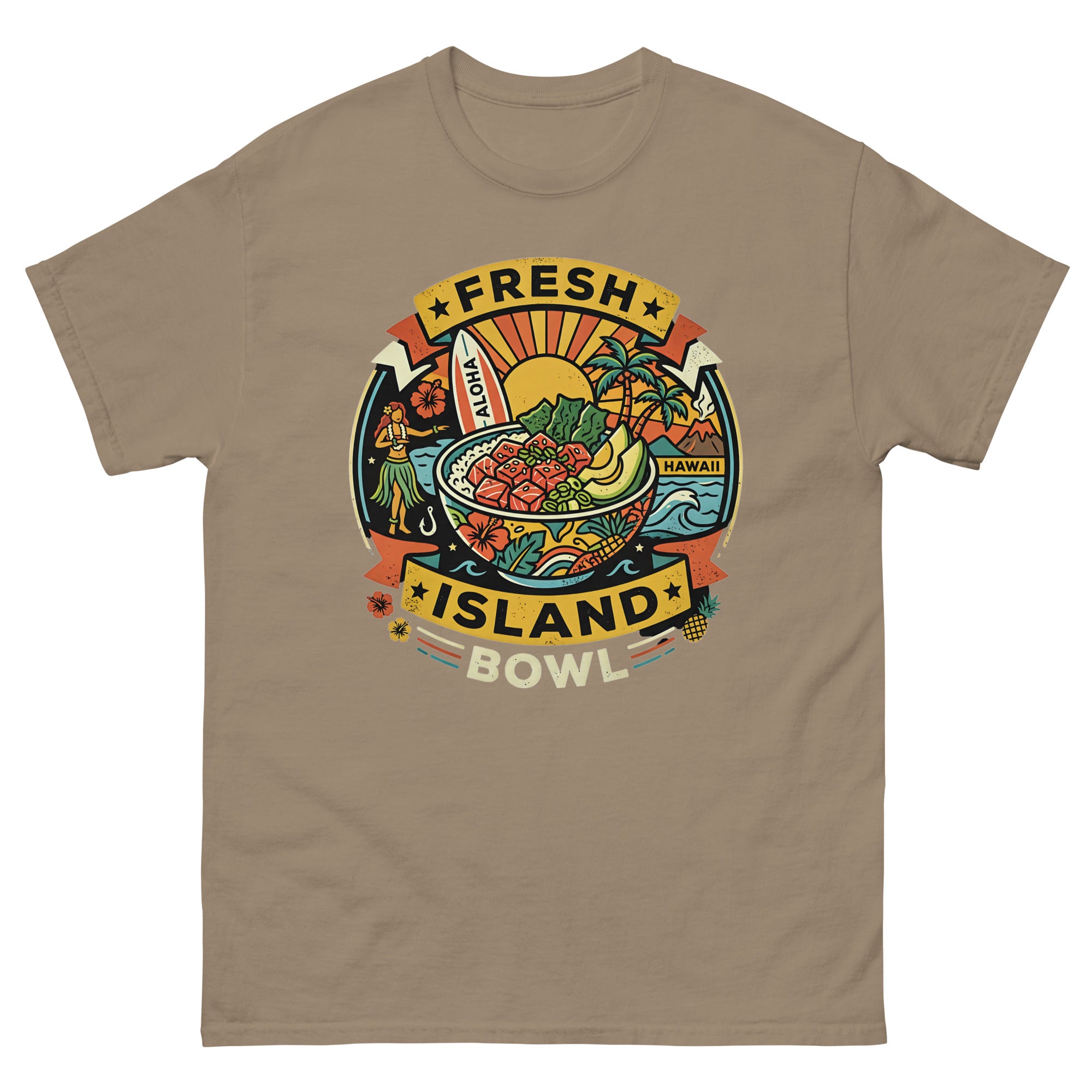 Fresh Island Bowl Hawaii Hawaiian t-shirt design on a Brown Savana unisex tee