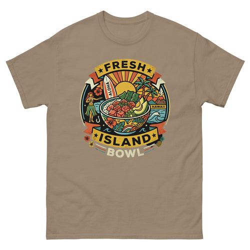 Fresh Island Bowl Hawaii Hawaiian t-shirt design on a Brown Savana unisex tee