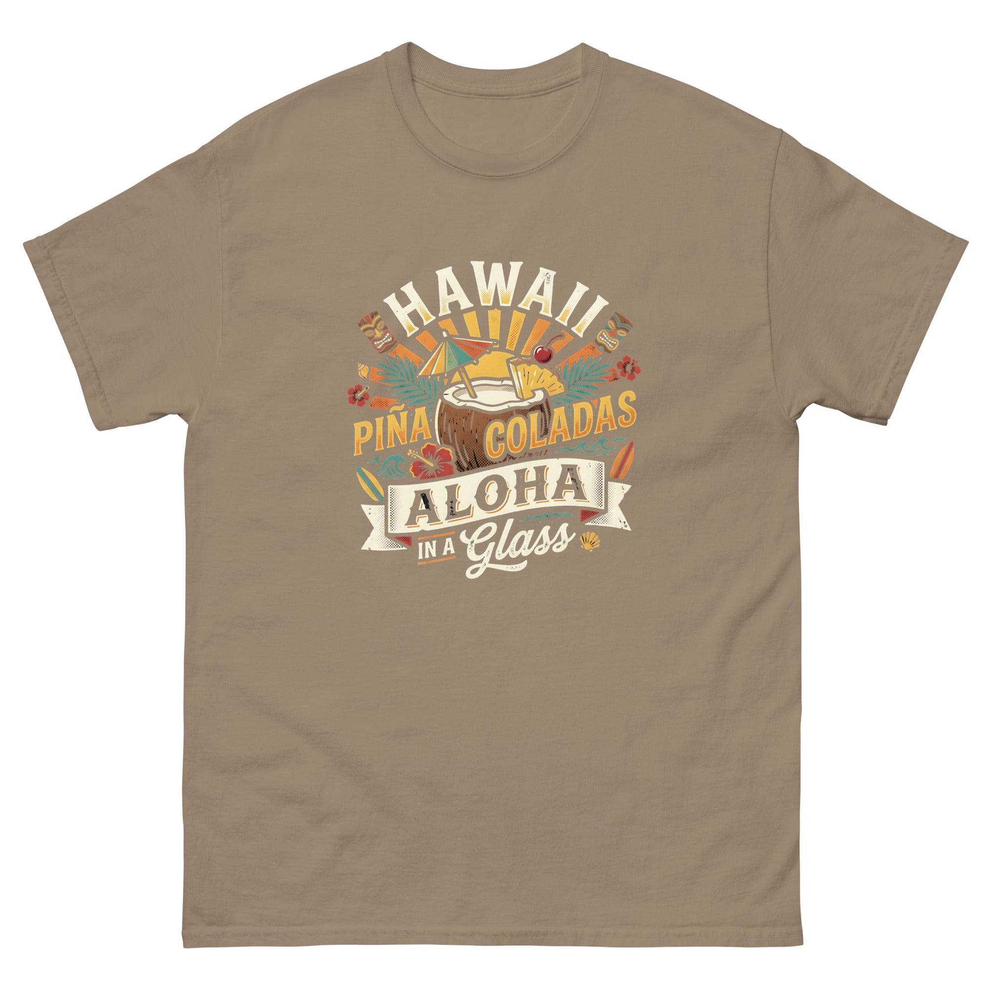 Hawaii Pina Coladas Aloha in a Glass v1 Hawaiian t-shirt design on a Brown Savana unisex tee