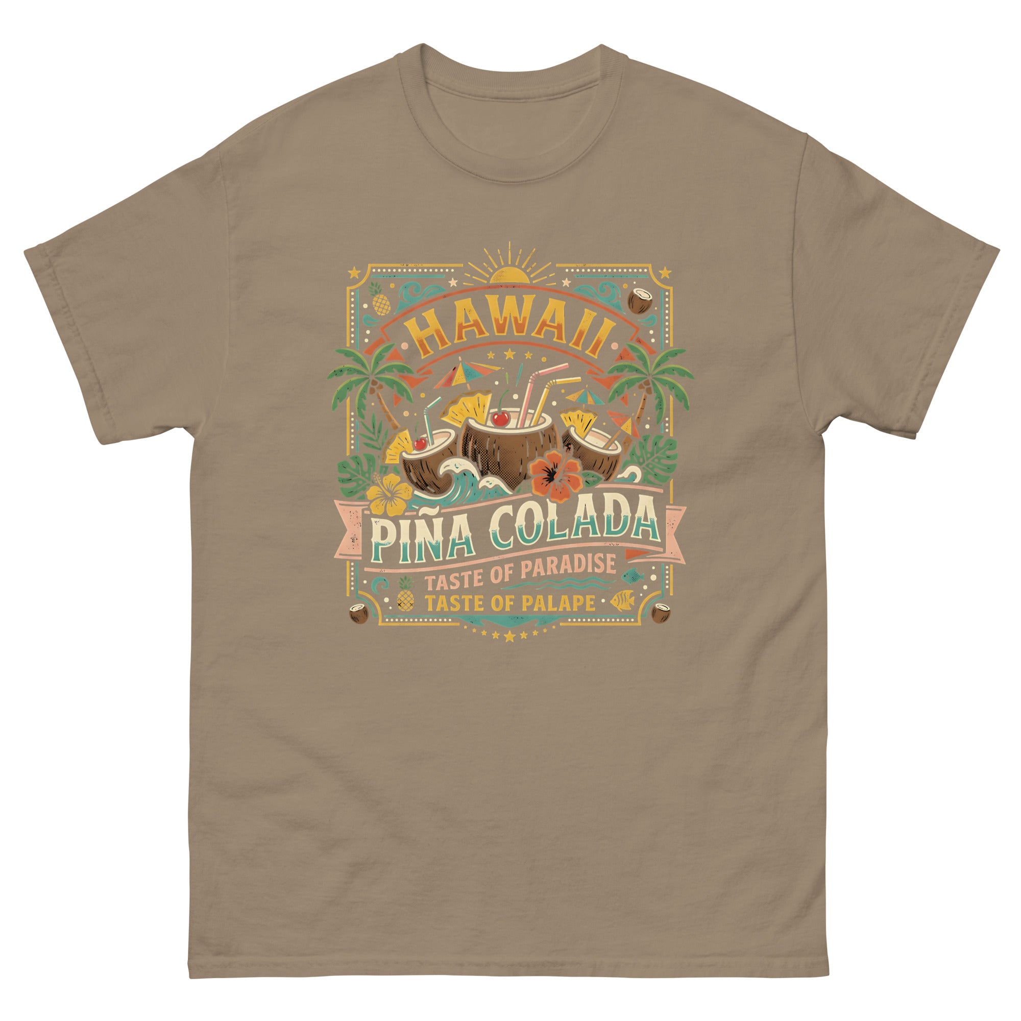Hawaii Pina Coladas Aloha in a Glass v2 Hawaiian t-shirt design on a Brown Savana unisex tee