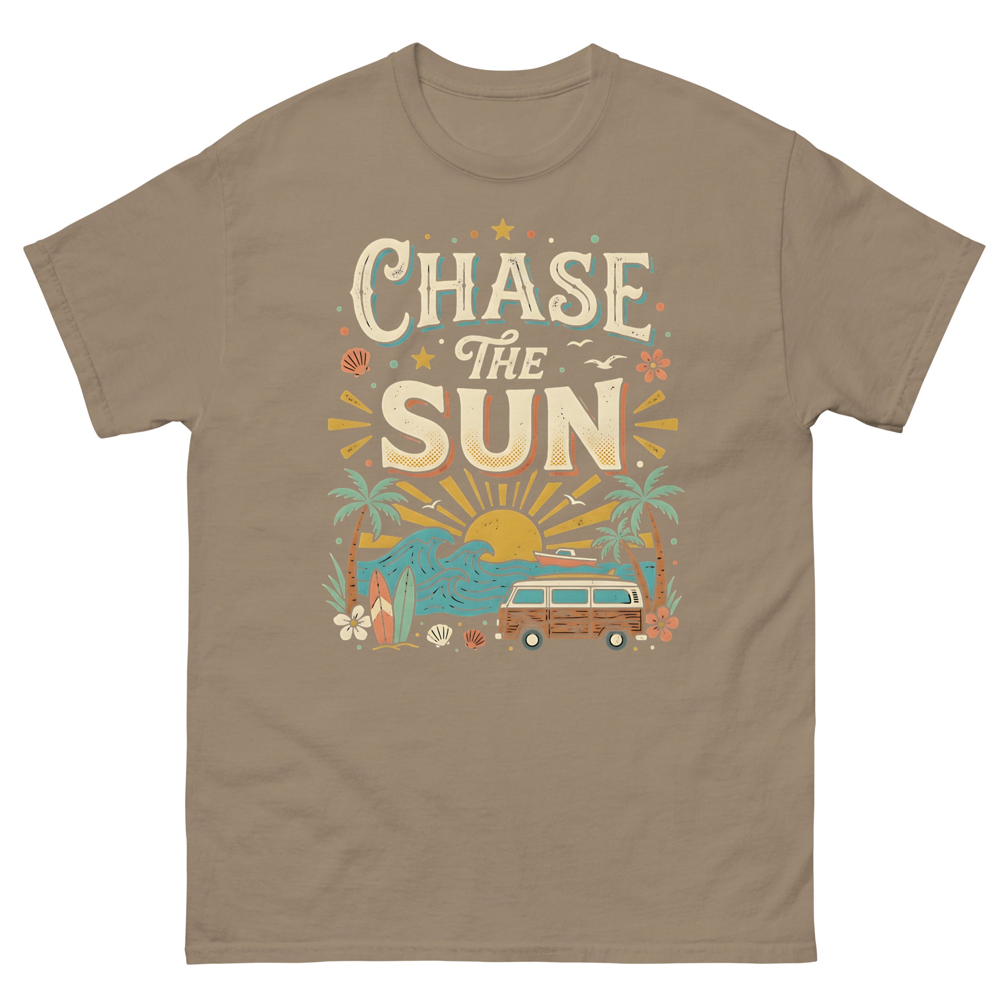 Chasing the Sun v4 Hawaiian t-shirt design on a Brown Savana unisex tee