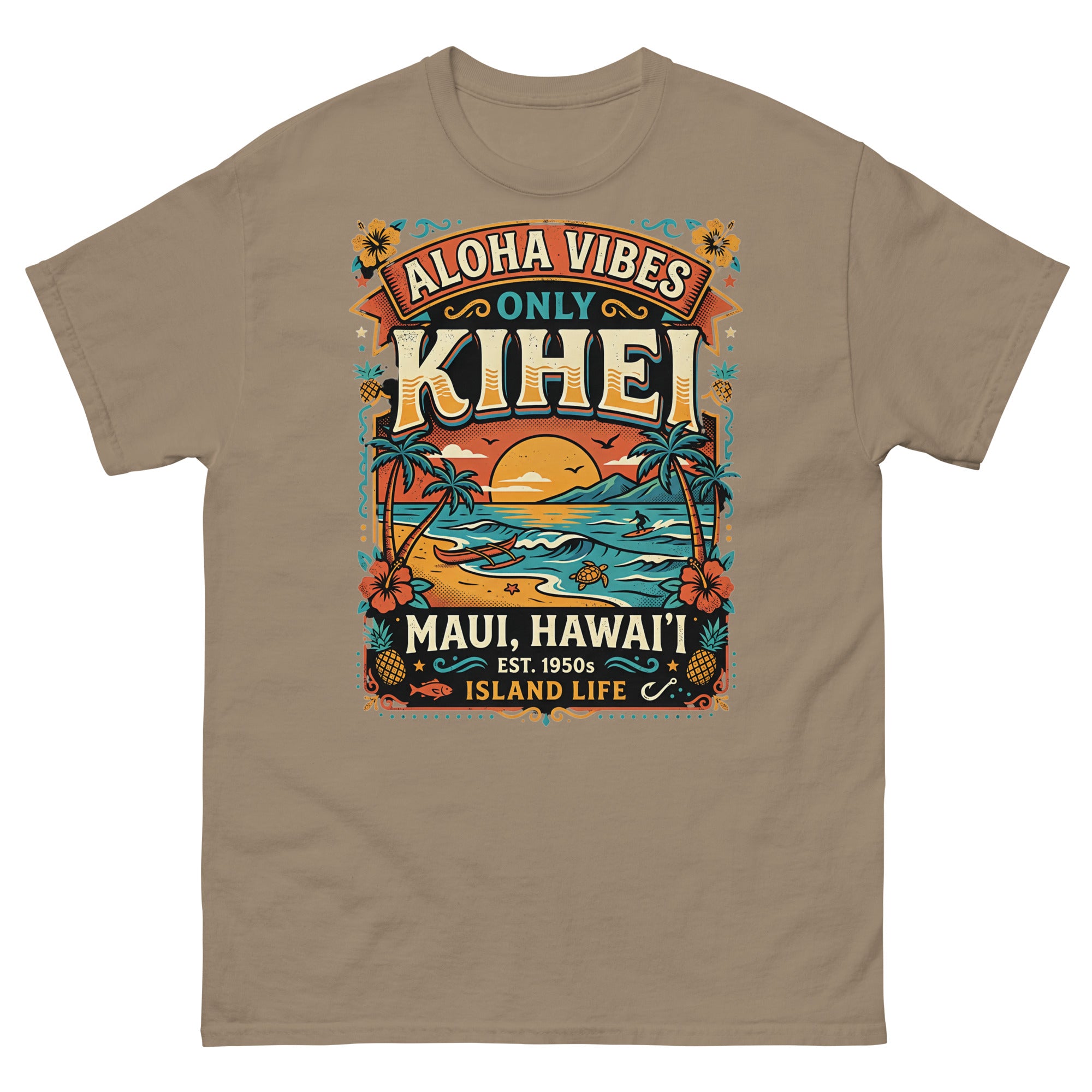 Aloha Vibes Only Kihei Hawaiian t-shirt design on a Brown Savana unisex tee