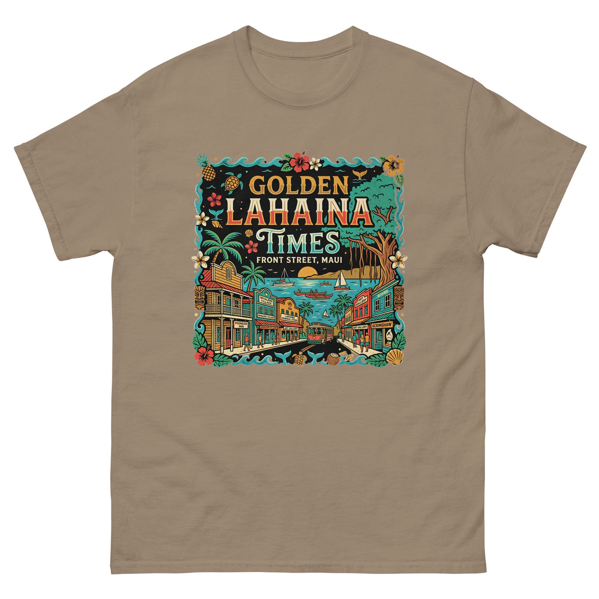 Golden Lahaina Times Front Street Hawaiian t-shirt design on a Brown Savana unisex tee