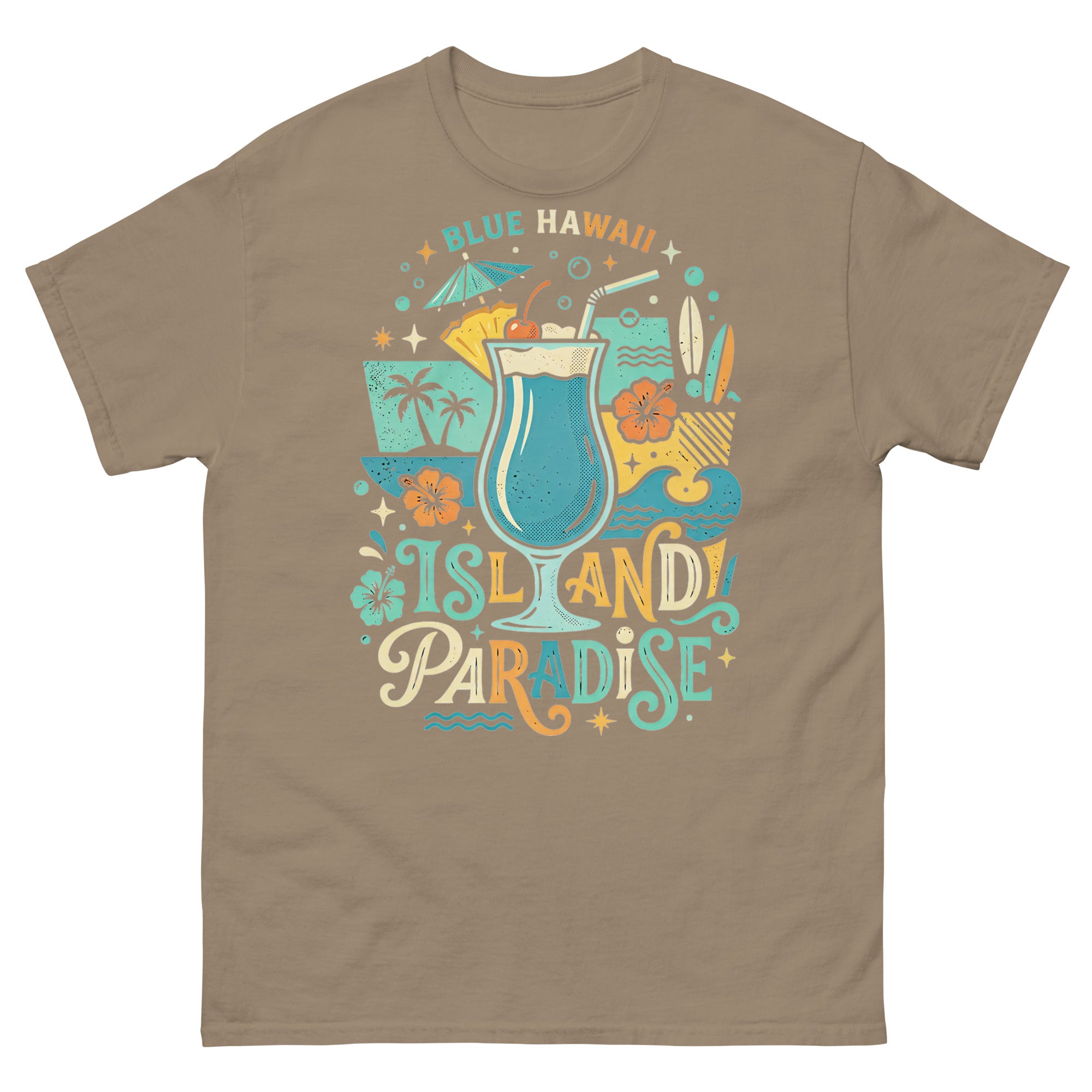 Blue Hawaii Island Paradise v1 Hawaiian t-shirt design on a Brown Savana unisex tee