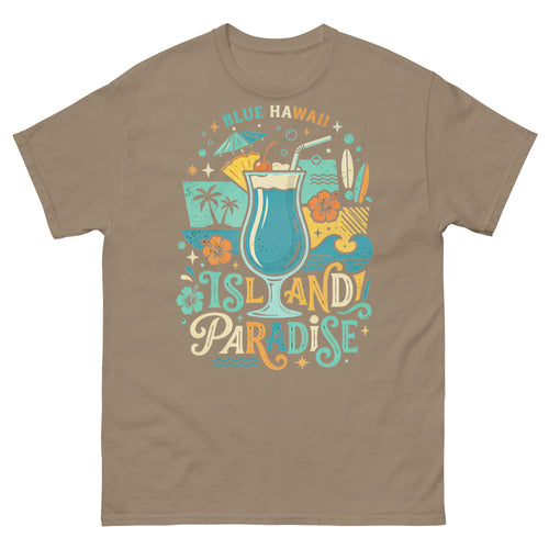 Blue Hawaii Island Paradise v1 Hawaiian t-shirt design on a Brown Savana unisex tee