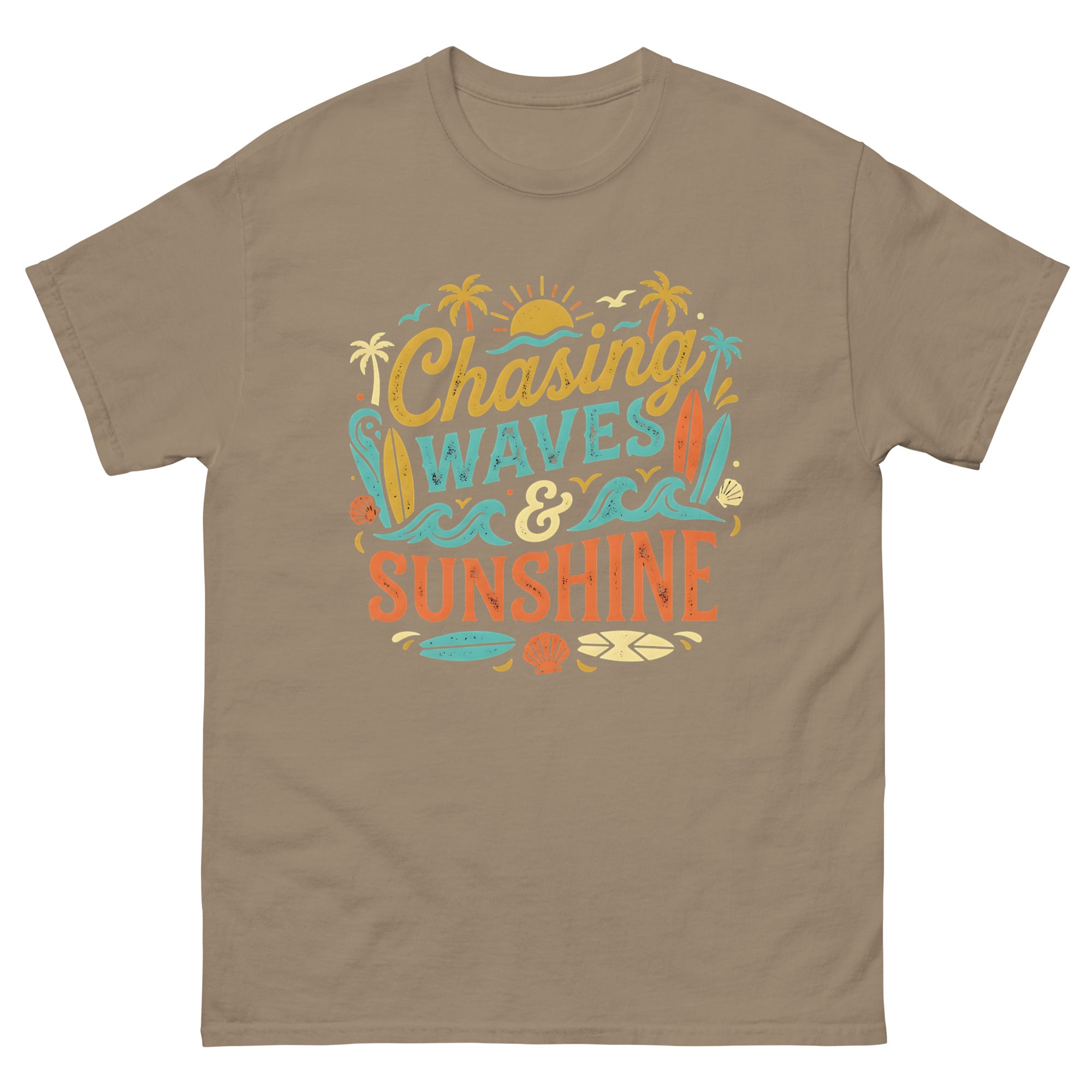 Chasing the Sun v3 Hawaiian t-shirt design on a Brown Savana unisex tee