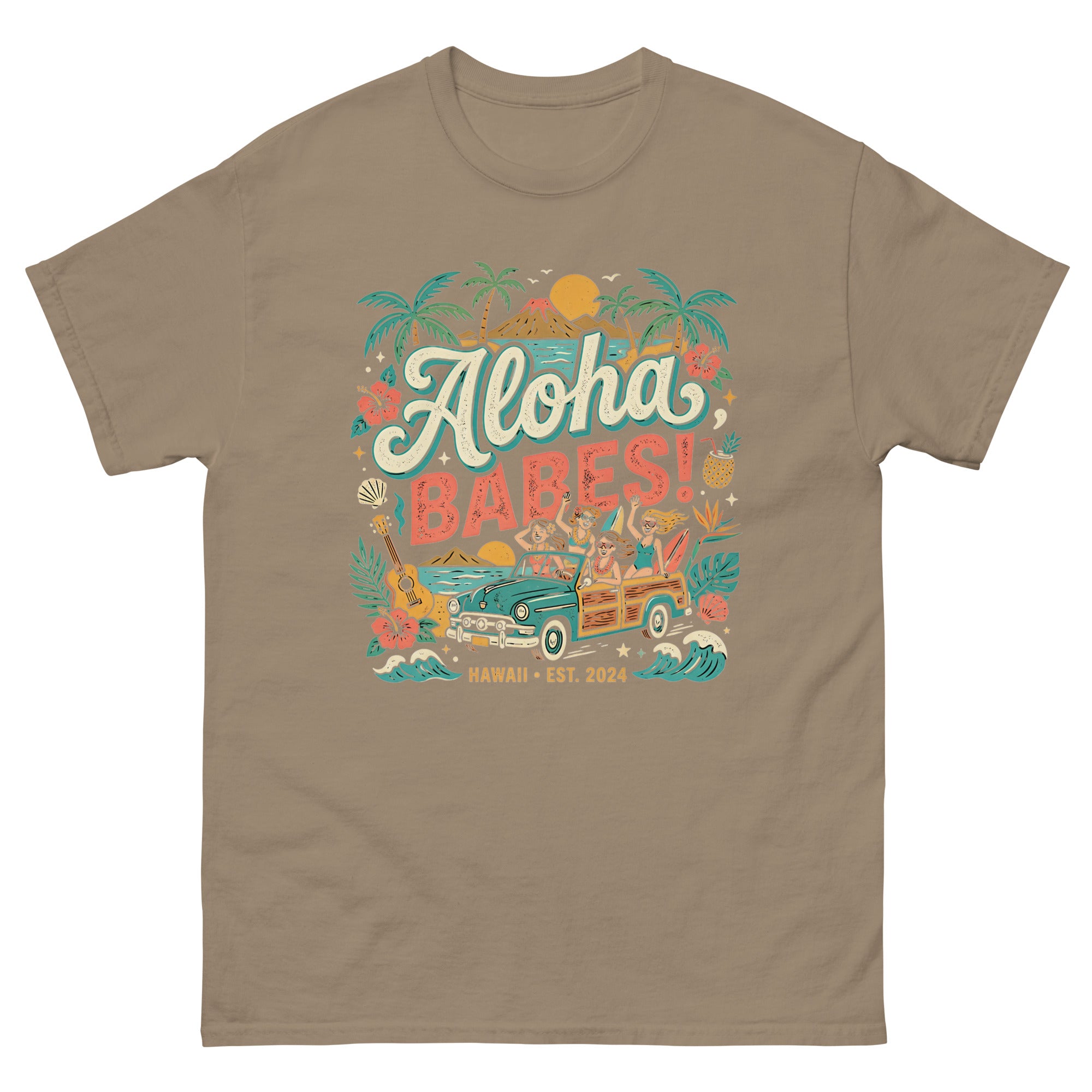 Aloha Sisters v4 Hawaiian t-shirt design on a Brown Savana unisex tee